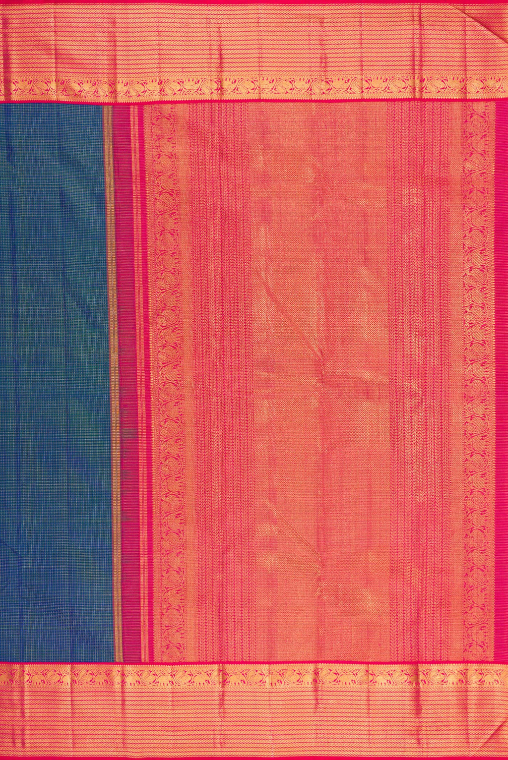 Close up image of the pallu of Peacock Blue Dual Tone Kanchipuram Silk Saree with Checked design on the body and Zari Border. 