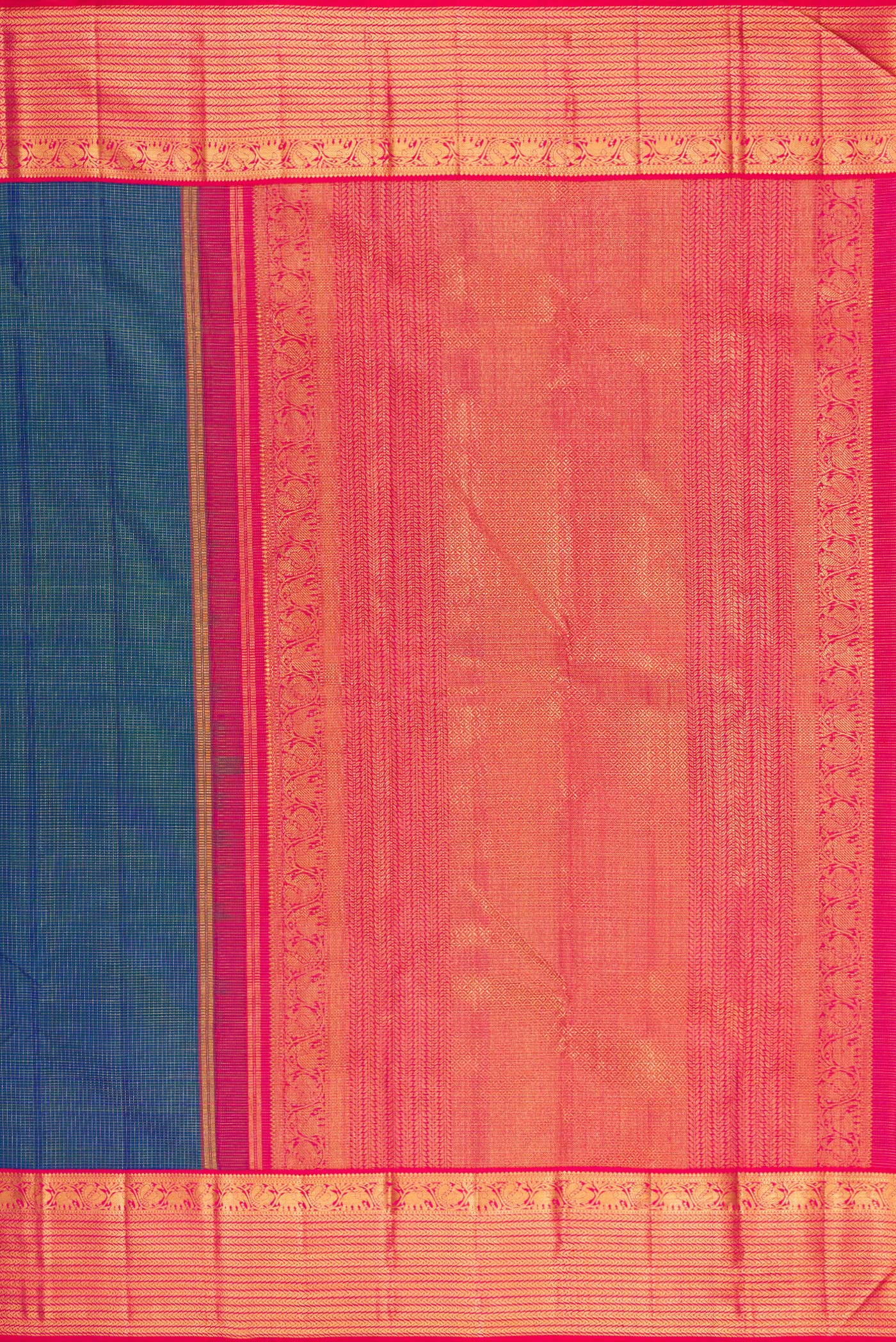 Close up image of the pallu of Peacock Blue Dual Tone Kanchipuram Silk Saree with Checked design on the body and Zari Border. 