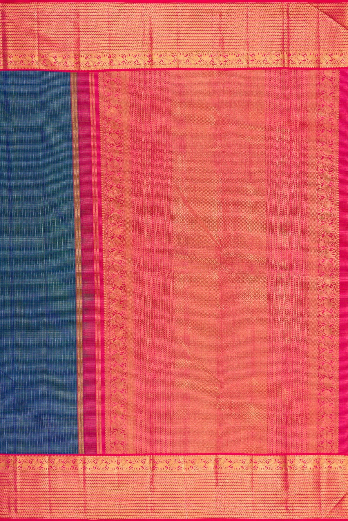 Close up image of the pallu of Peacock Blue Dual Tone Kanchipuram Silk Saree with Checked design on the body and Zari Border. 