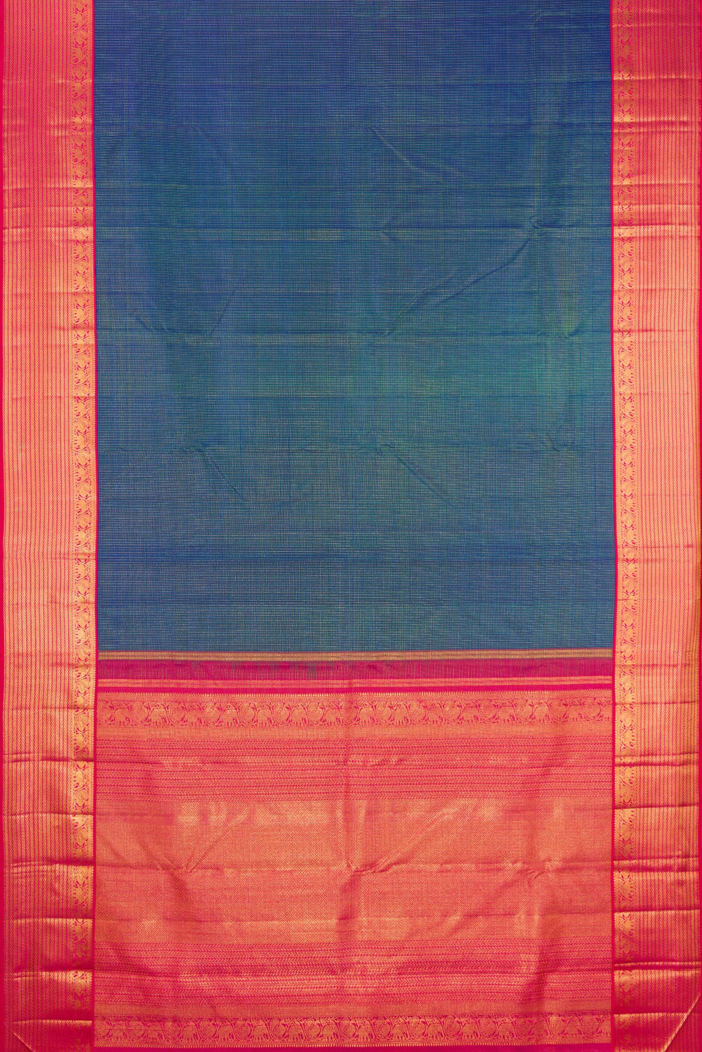 Flat view of Peacock Blue Dual Tone Kanchipuram Silk Saree with Checked design on the body and Zari Border. 