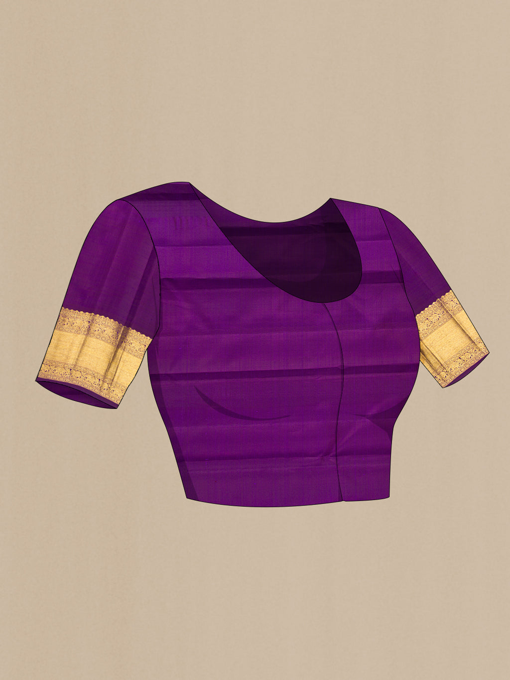 Close up image of the blouse of Purple Kanchipuram Silk Saree with Zari Brocade on the body and Zari Border. 