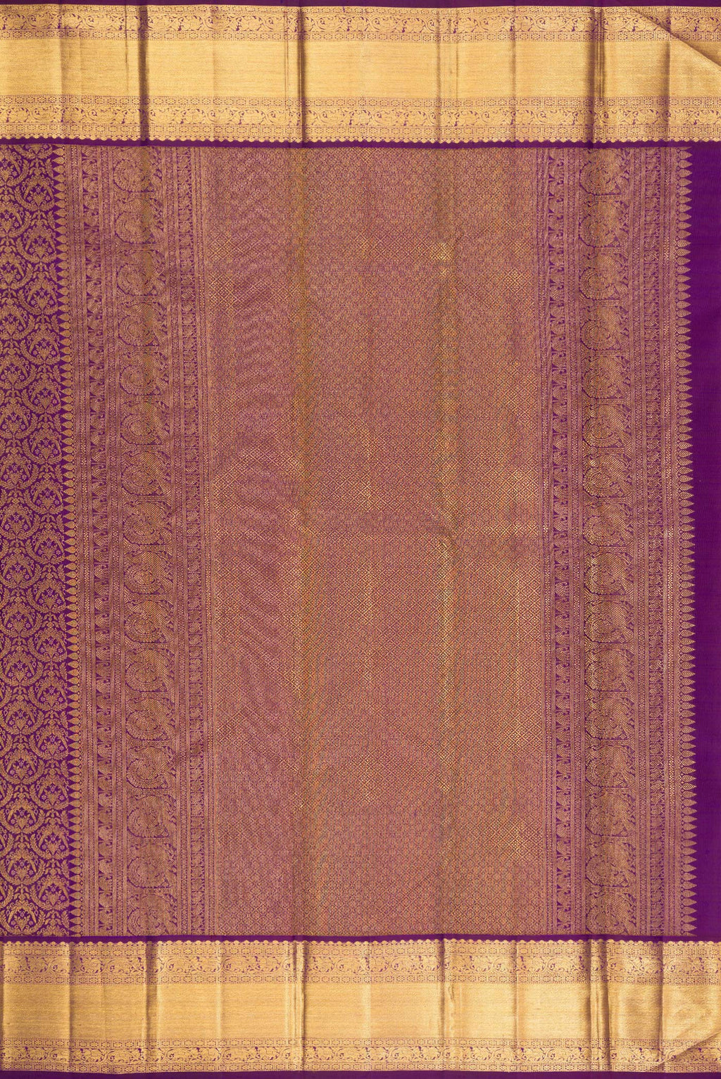 Close up image of the pallu of Purple Kanchipuram Silk Saree with Zari Brocade on the body and Zari Border. 