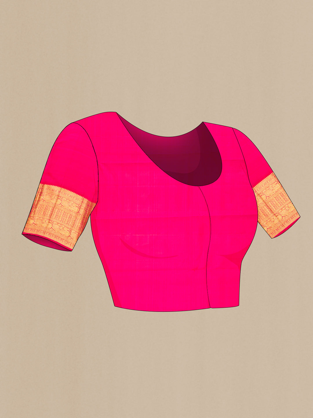 Close up image of the blouse of Pure Silk Dark Pink Dual Tone Kanchipuram Saree with Zari Brocade on the body and Zari Border. 