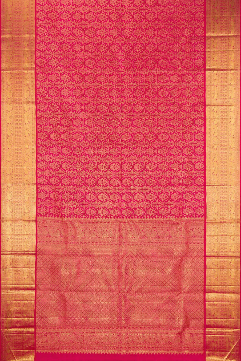 Flat view of Pure Silk Dark Pink Dual Tone Kanchipuram Saree with Zari Brocade on the body and Zari Border. 