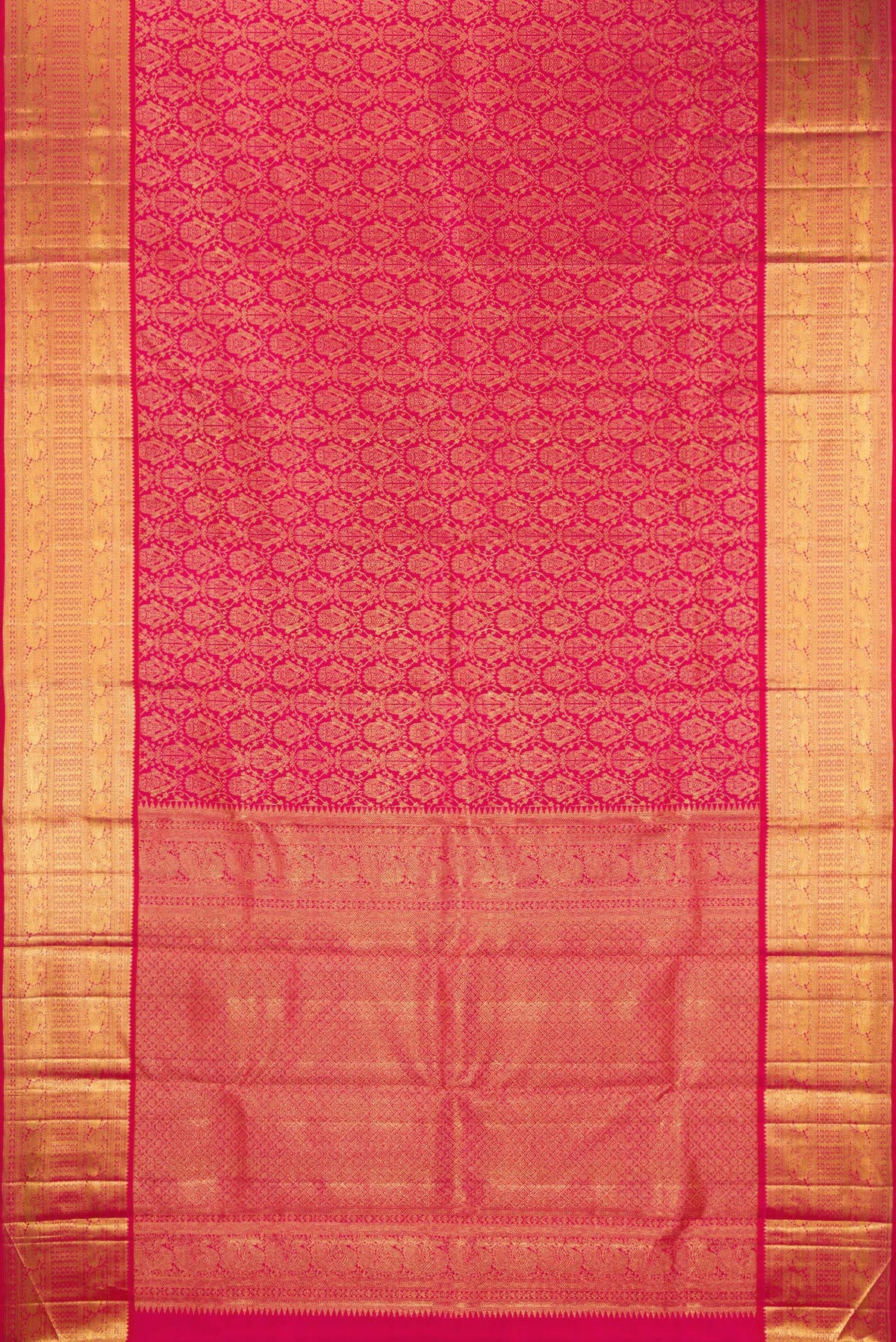Flat view of Pure Silk Dark Pink Dual Tone Kanchipuram Saree with Zari Brocade on the body and Zari Border. 