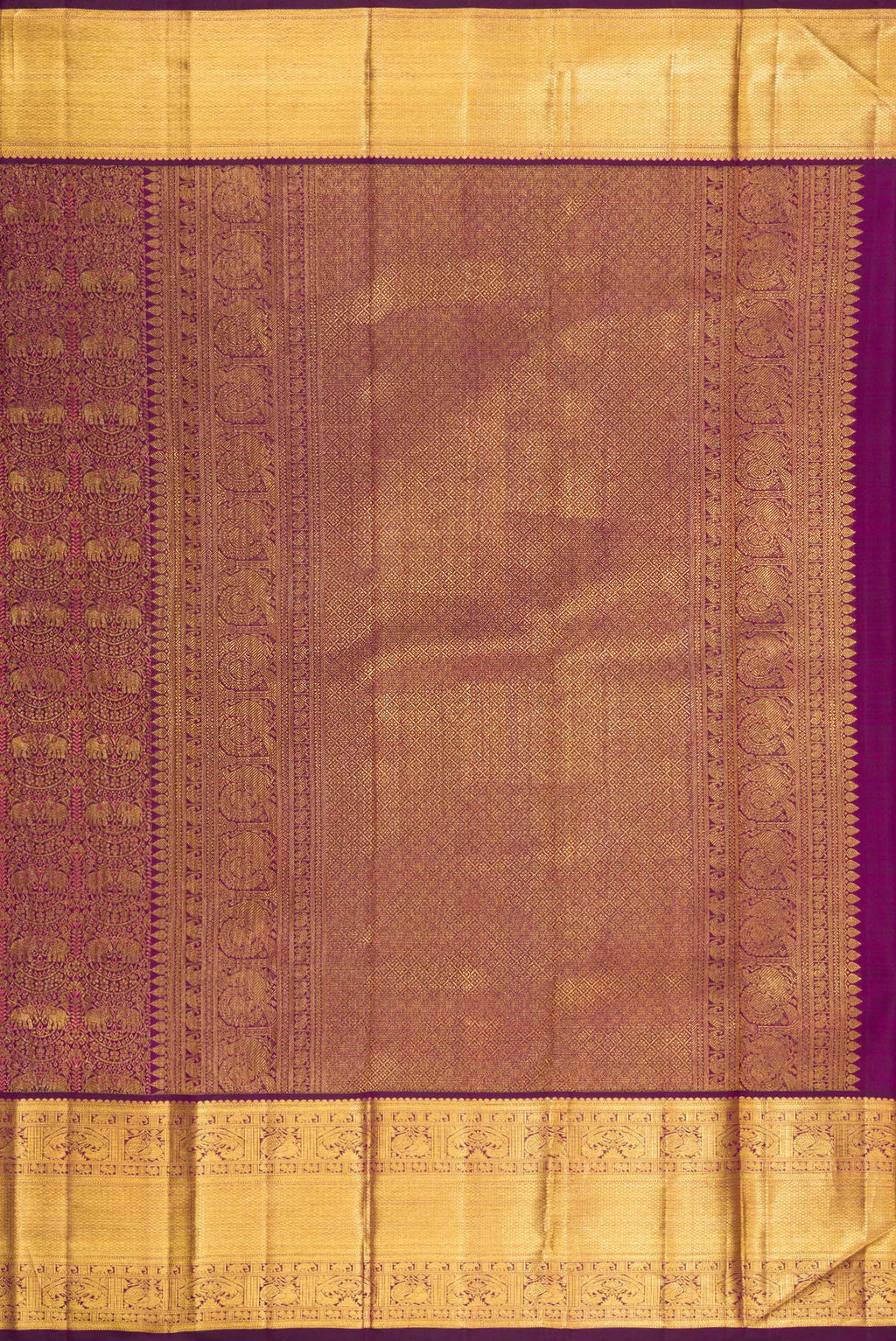 Close up image of the pallu of Pure Silk Purple Kanchipuram Saree with Zari Brocade on the body and Zari Border. 