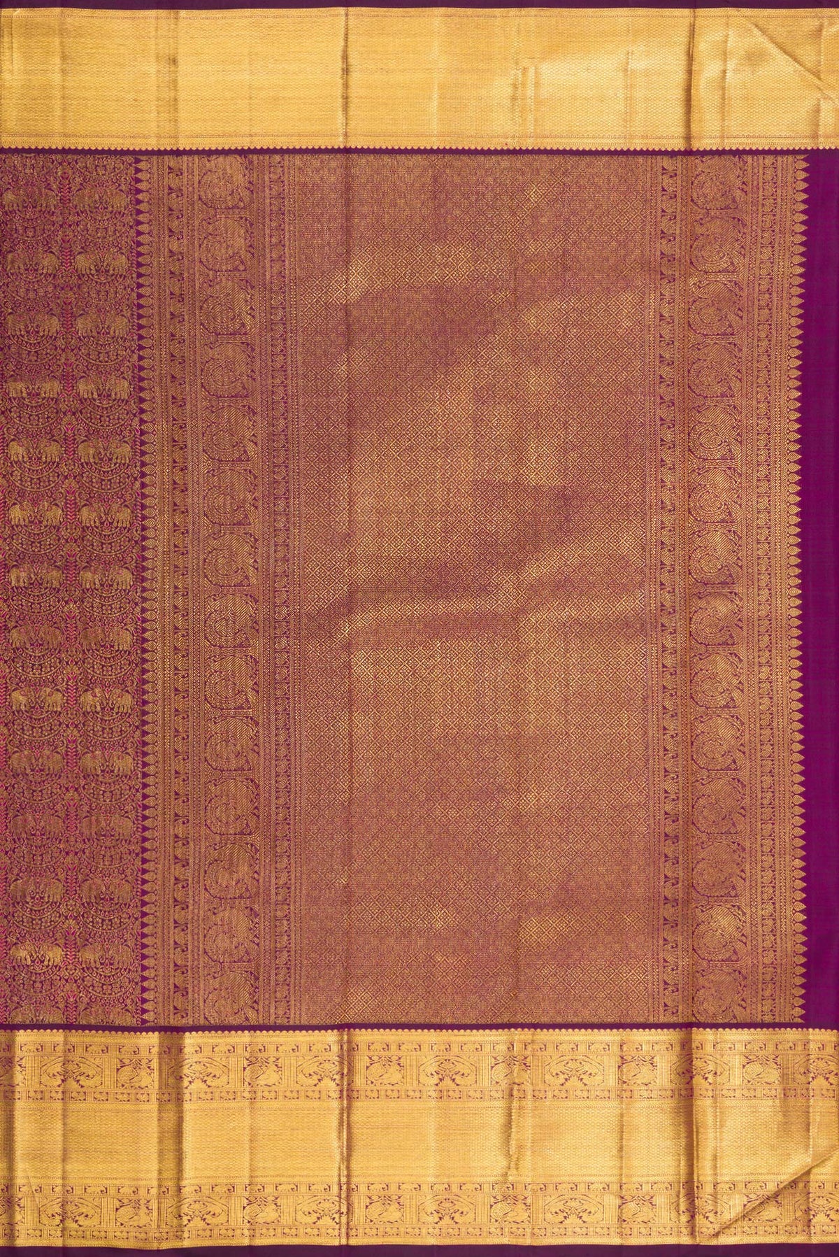 Close up image of the pallu of Pure Silk Purple Kanchipuram Saree with Zari Brocade on the body and Zari Border. 