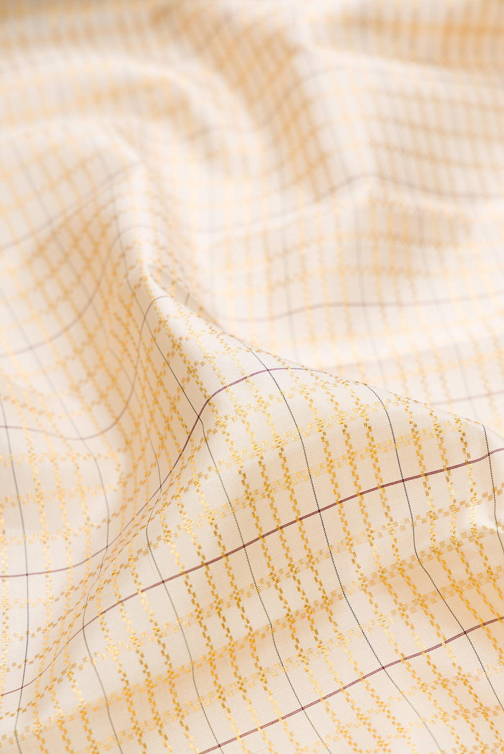 Close up of Cream Kanchipuram Silk Saree with Checked design on the body and Zari Border.  displaying folds