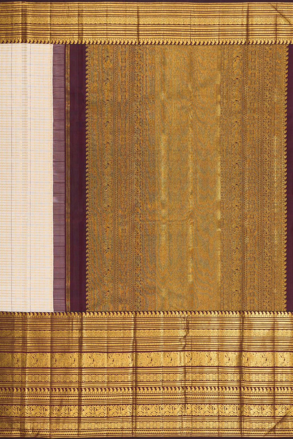 Close up image of the pallu of Cream Kanchipuram Silk Saree with Checked design on the body and Zari Border. 