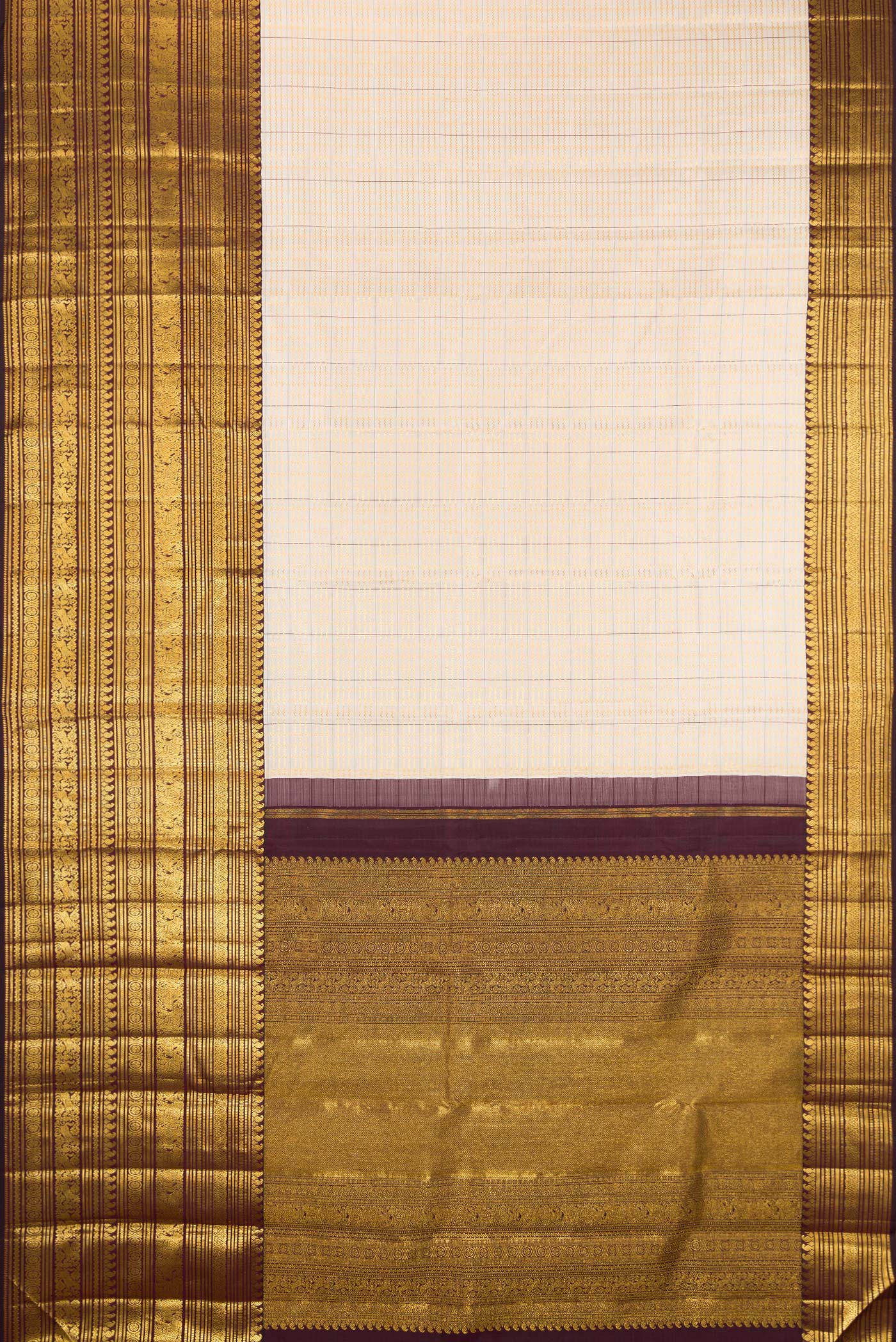 Flat view of Cream Kanchipuram Silk Saree with Checked design on the body and Zari Border. 
