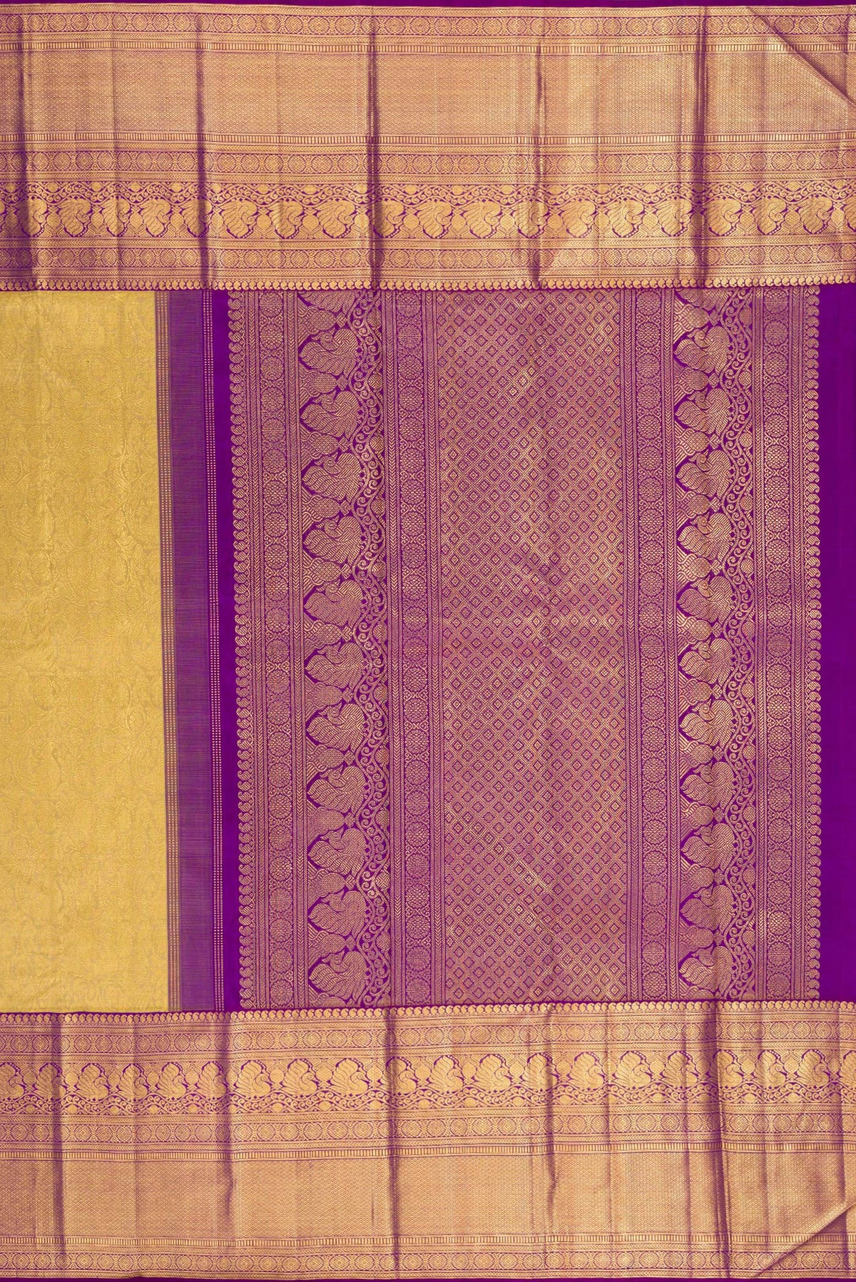 Close up image of the pallu of Pure Silk Gold Kanchipuram Saree with Zari Brocade on the body and Zari Border. 