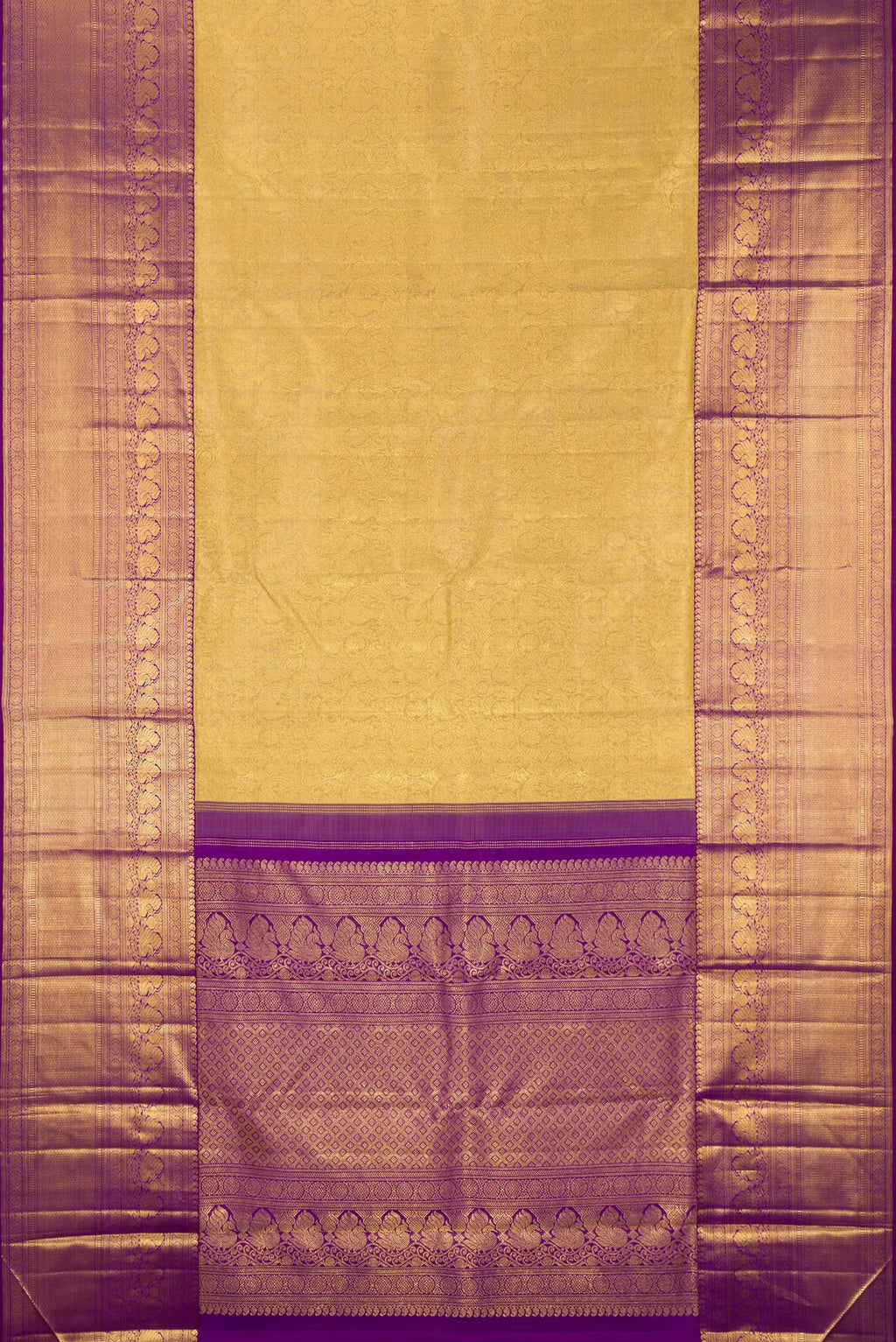 Flat view of Pure Silk Gold Kanchipuram Saree with Zari Brocade on the body and Zari Border. 