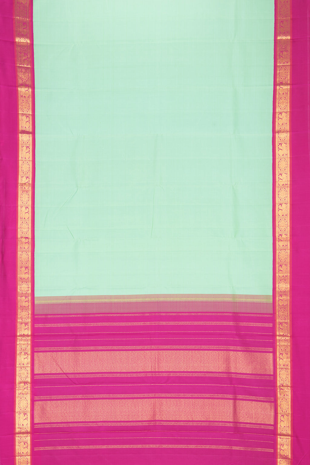 Flat view of Pure Silk Sea Green Kanjivaram Saree with Plain Body and Zari Border. 