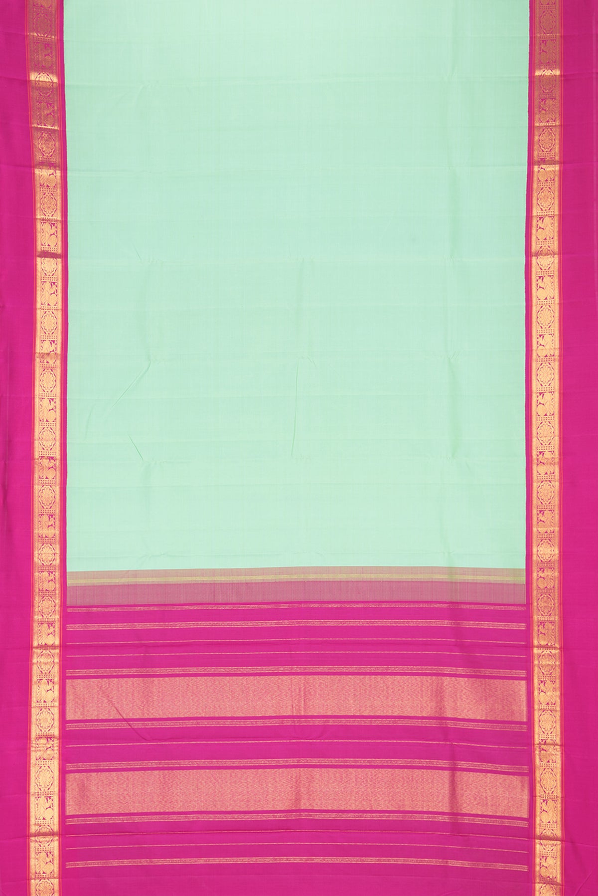 Flat view of Pure Silk Sea Green Kanjivaram Saree with Plain Body and Zari Border. 
