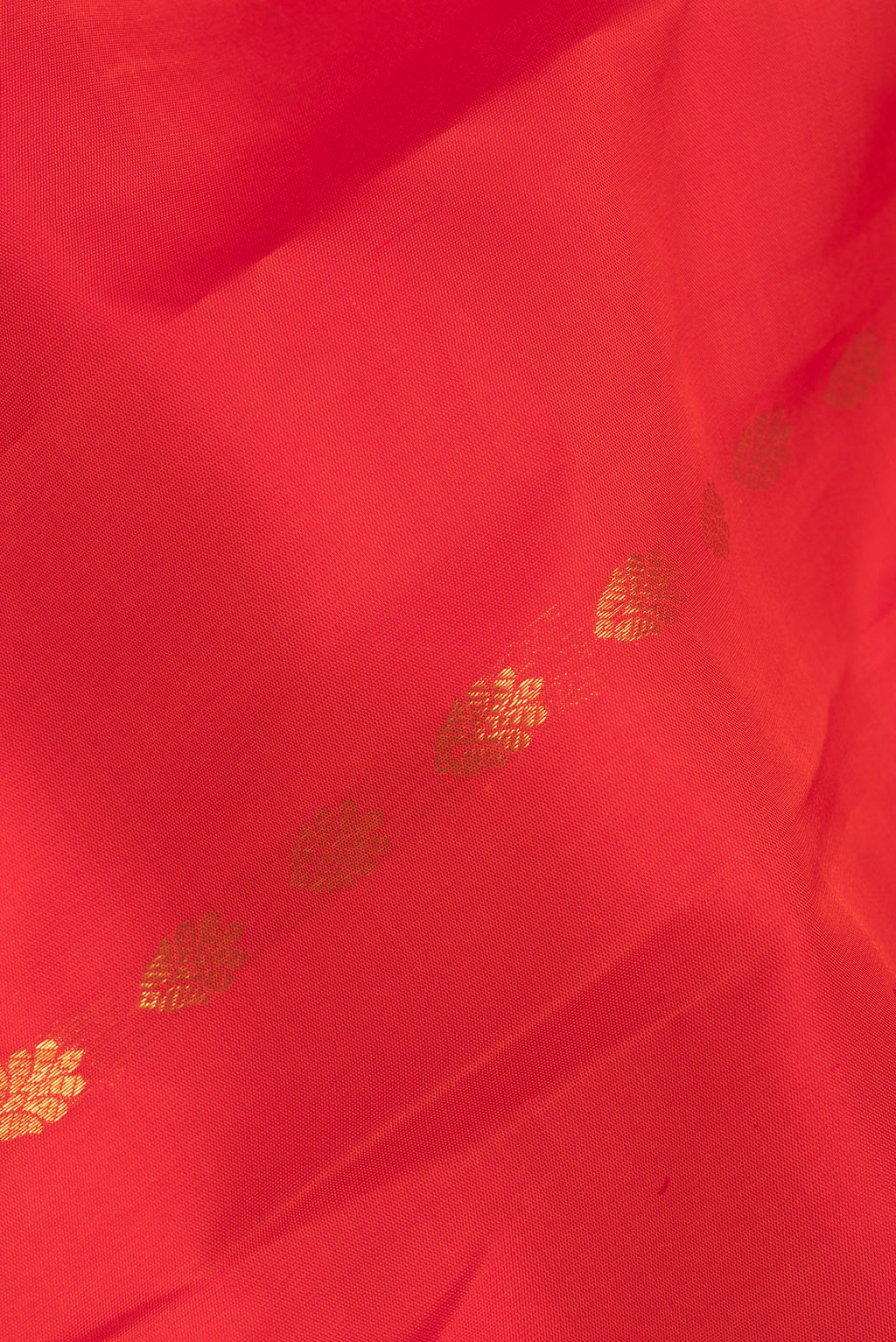 Close up of Pure Silk Red Kanjivaram Saree with Zari Butta on the body and Zari Border.  displaying folds