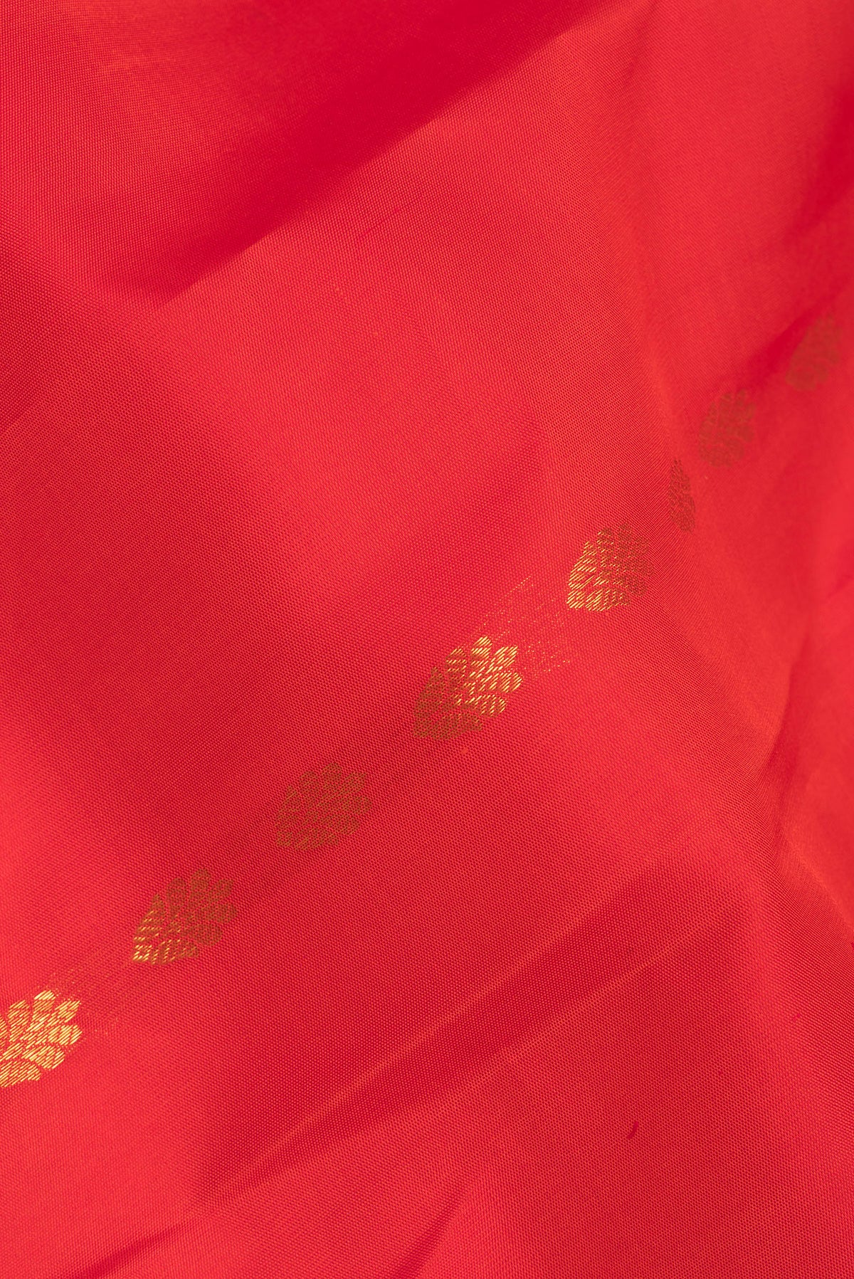 Close up of Pure Silk Red Kanjivaram Saree with Zari Butta on the body and Zari Border.  displaying folds