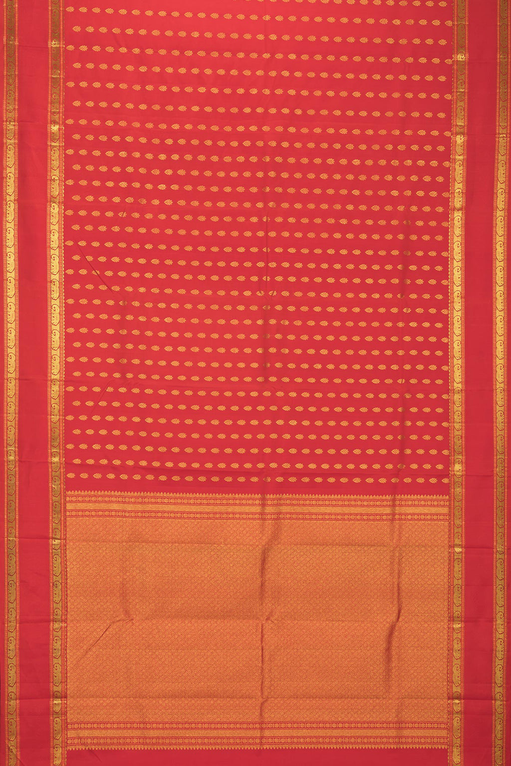 Flat view of Pure Silk Red Kanjivaram Saree with Zari Butta on the body and Zari Border. 