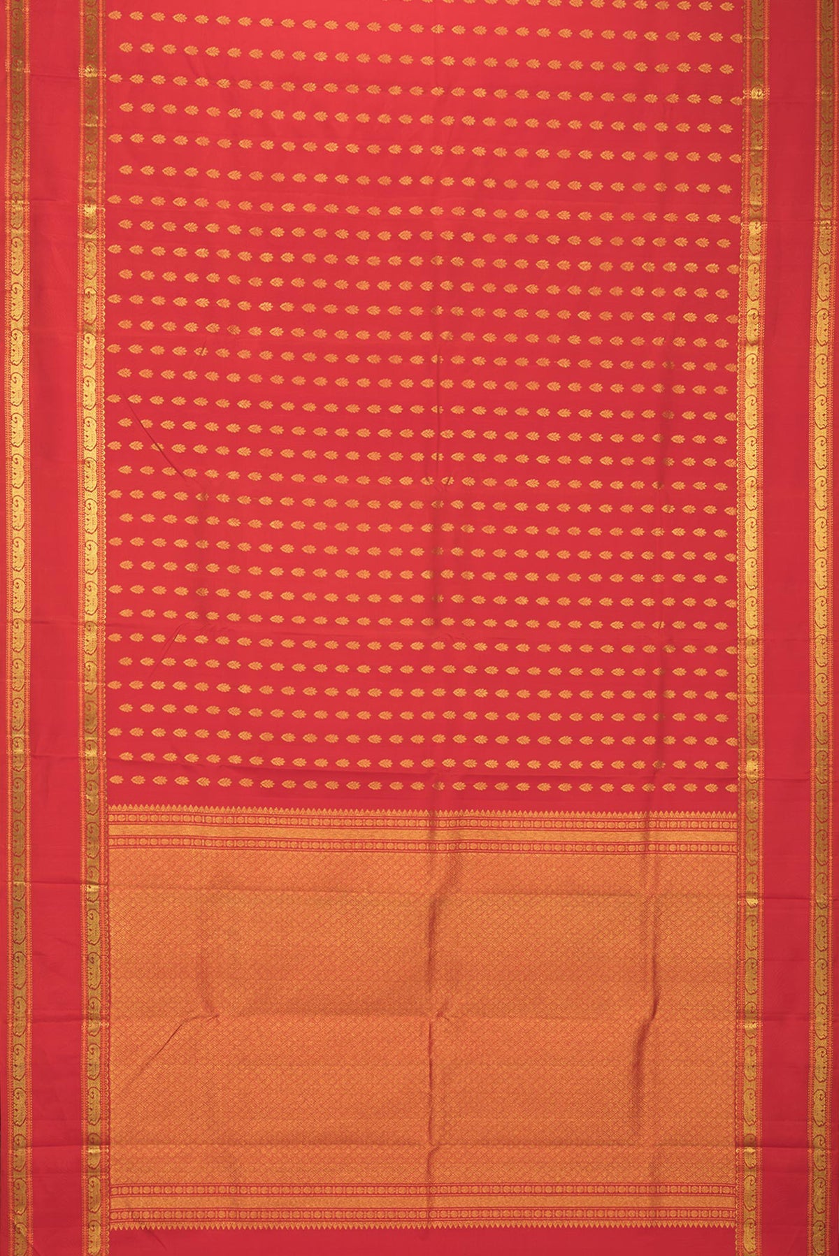 Flat view of Pure Silk Red Kanjivaram Saree with Zari Butta on the body and Zari Border. 