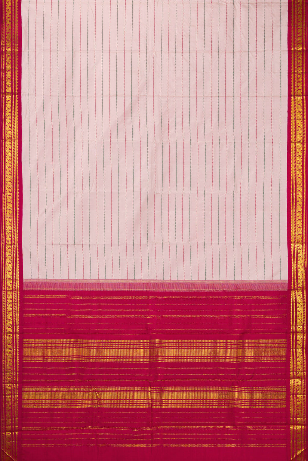 Flat view of Pure Silk Rose pink Kanjivaram Saree with Veldhari on the body and Zari Border. 