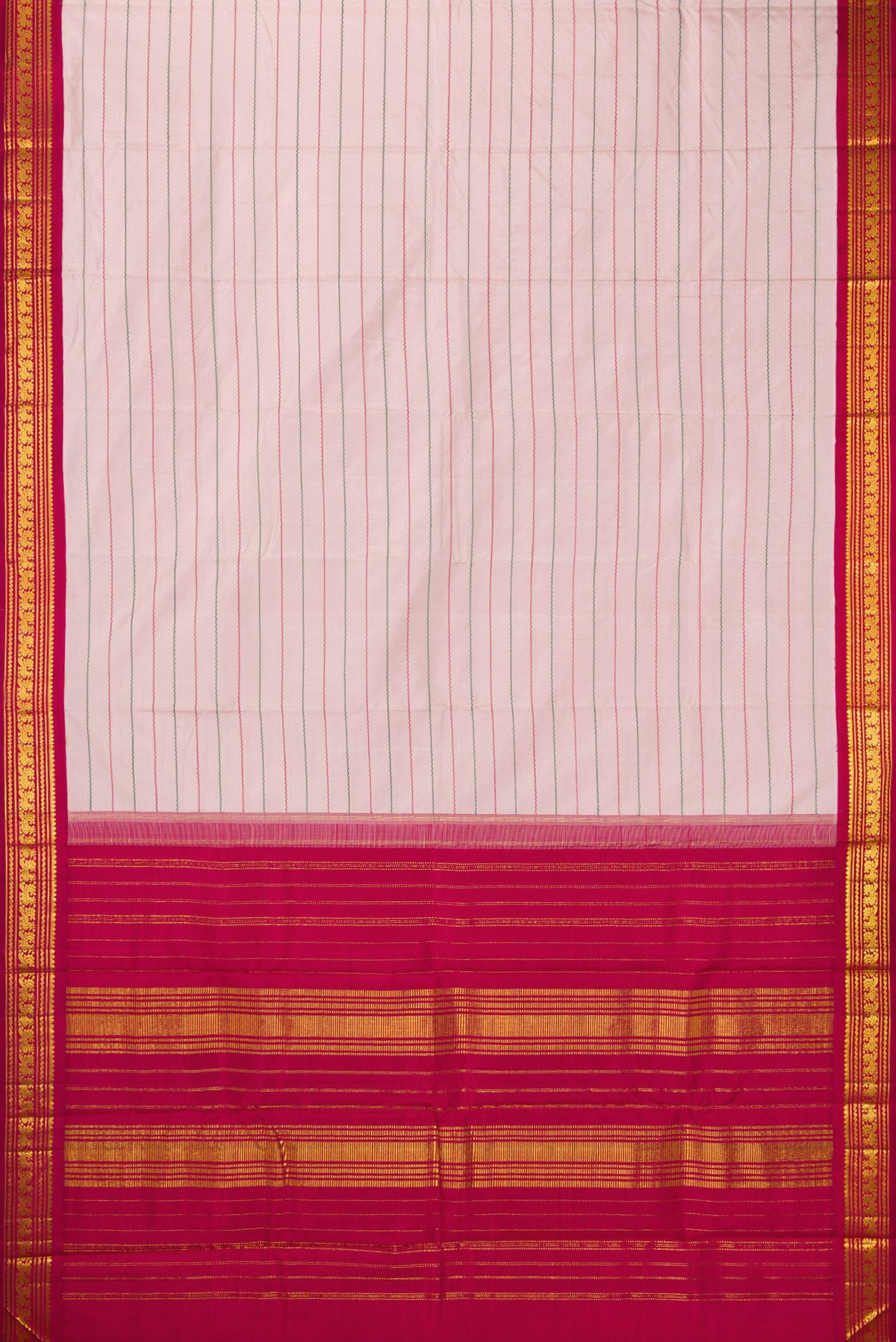 Flat view of Pure Silk Rose pink Kanjivaram Saree with Veldhari on the body and Zari Border. 