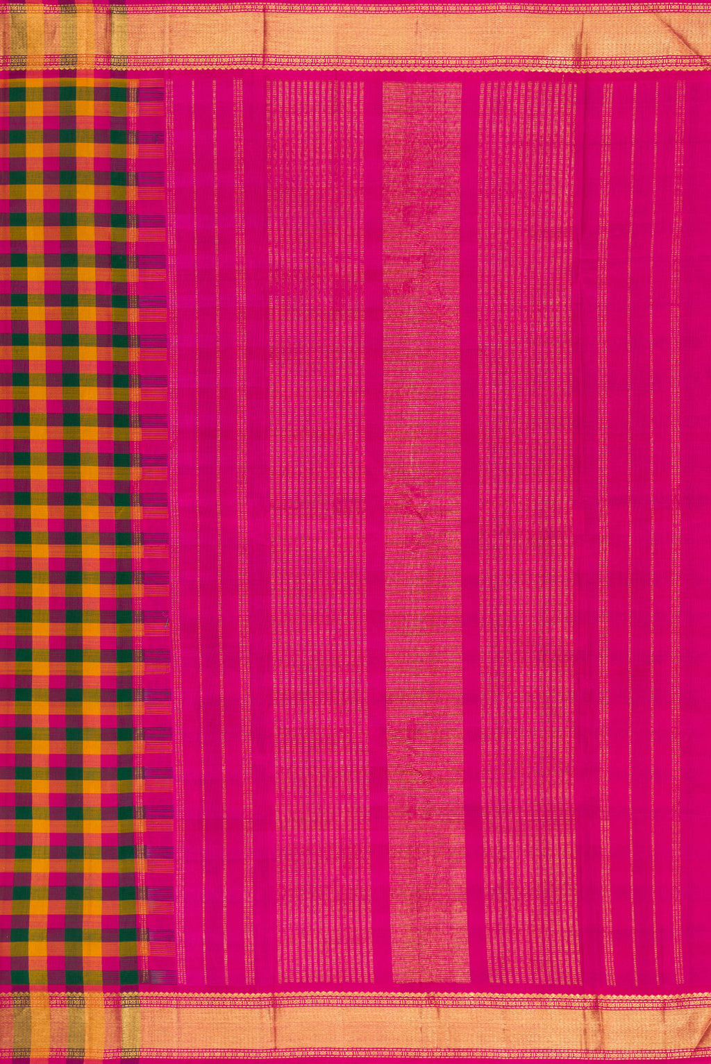 Close up image of the pallu of Multi Color Kanchipuram Silk Saree with Checked design on the body and Zari Border. 
