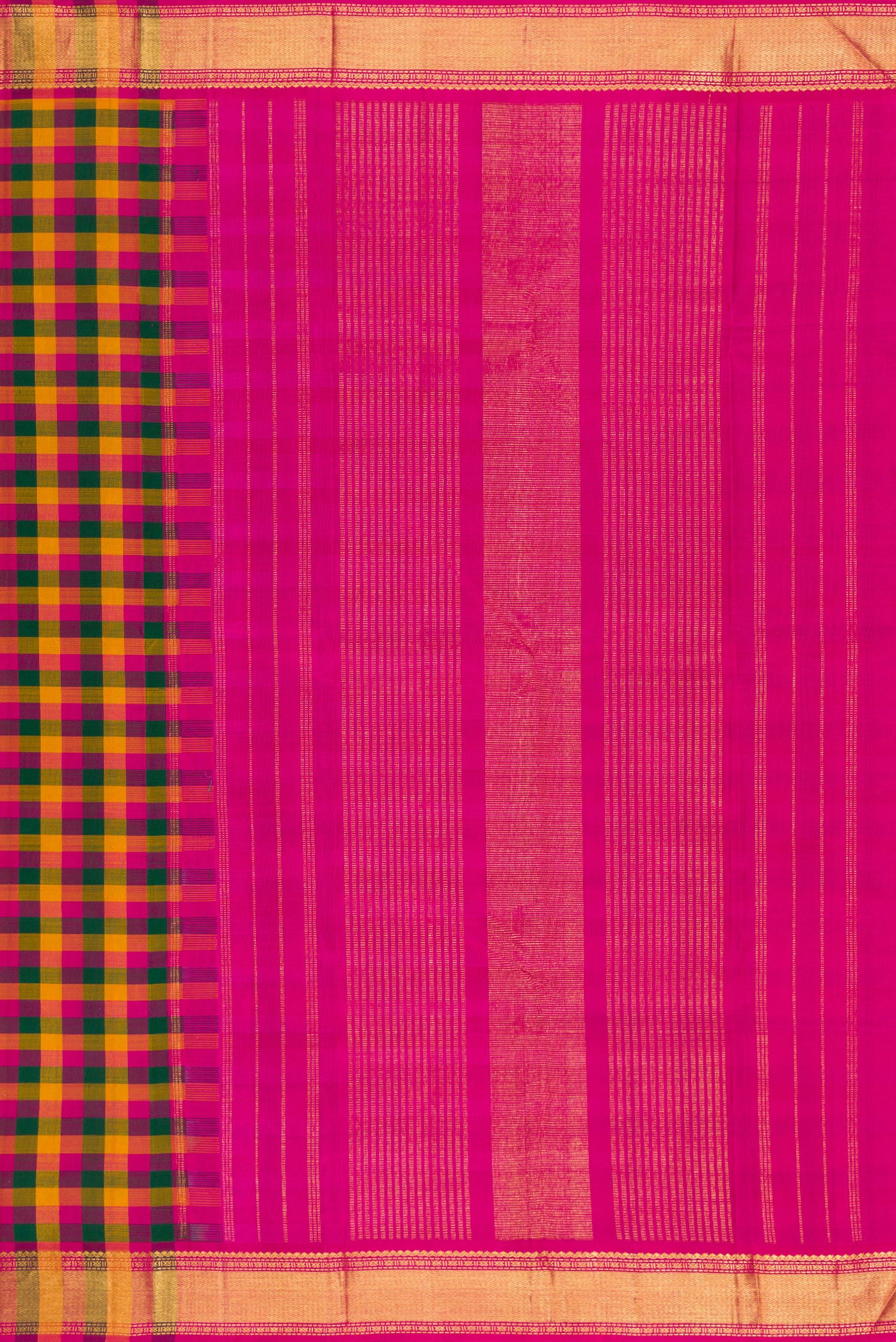 Close up image of the pallu of Multi Color Kanchipuram Silk Saree with Checked design on the body and Zari Border. 