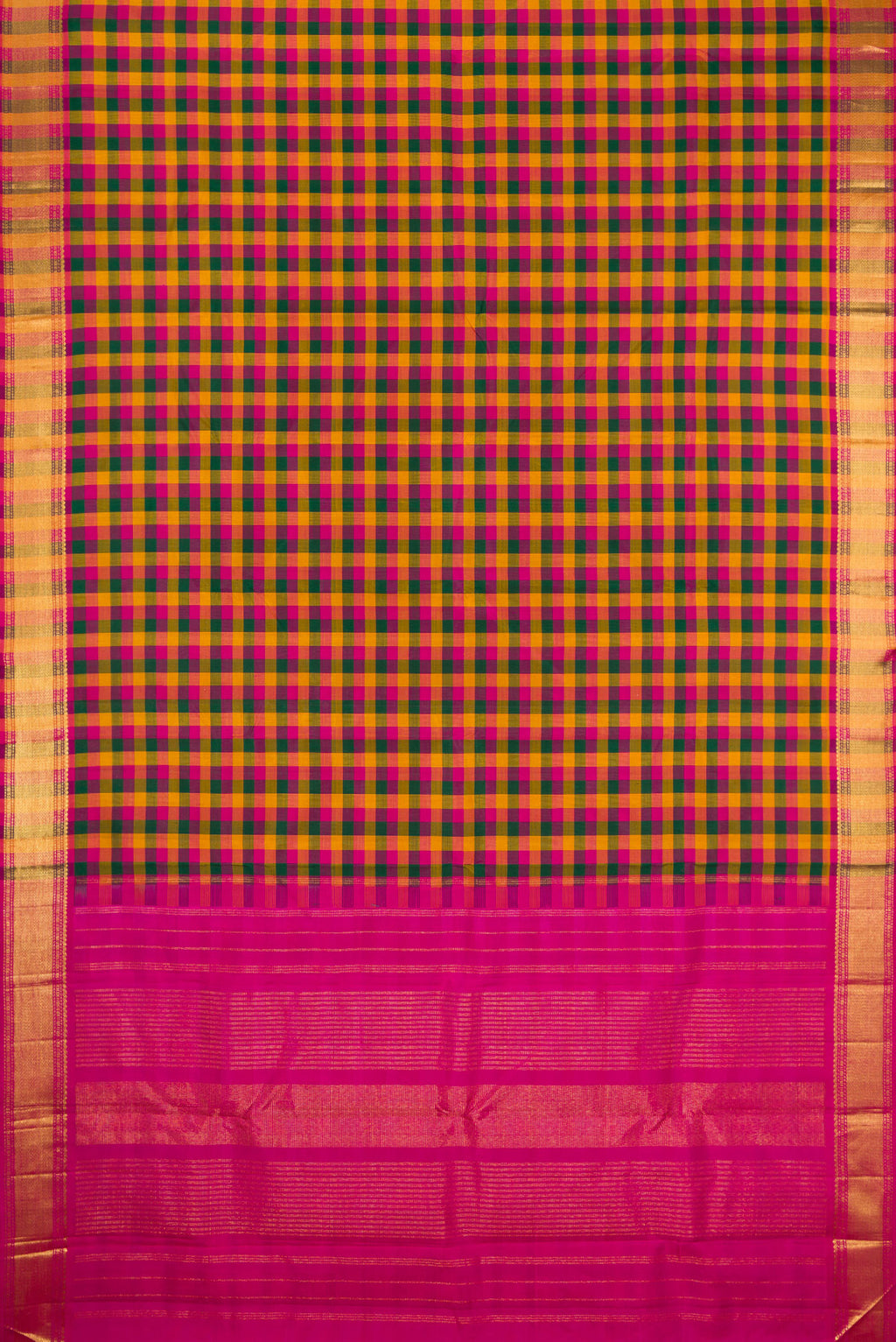 Flat view of Multi Color Kanchipuram Silk Saree with Checked design on the body and Zari Border. 