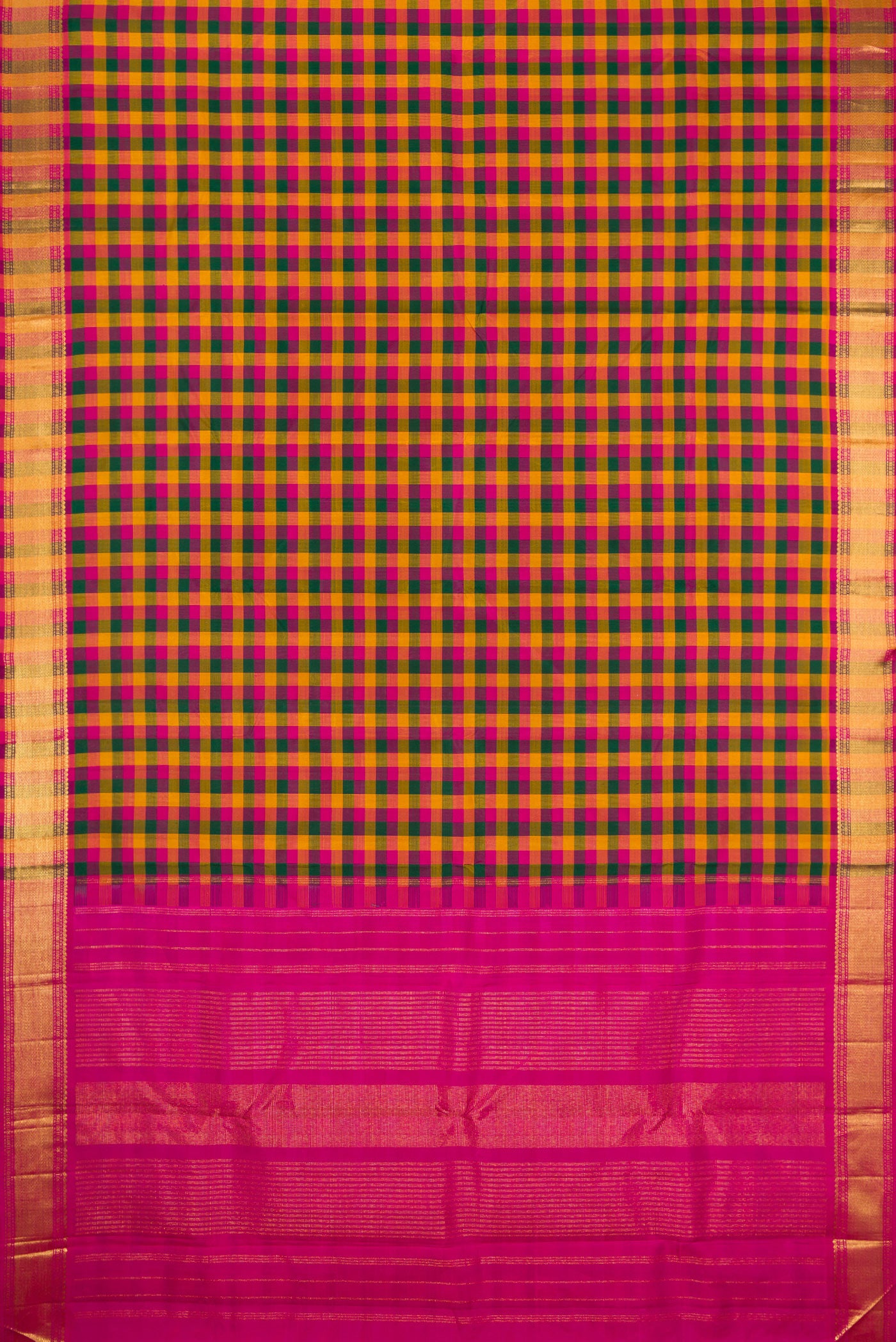 Flat view of Multi Color Kanchipuram Silk Saree with Checked design on the body and Zari Border. 