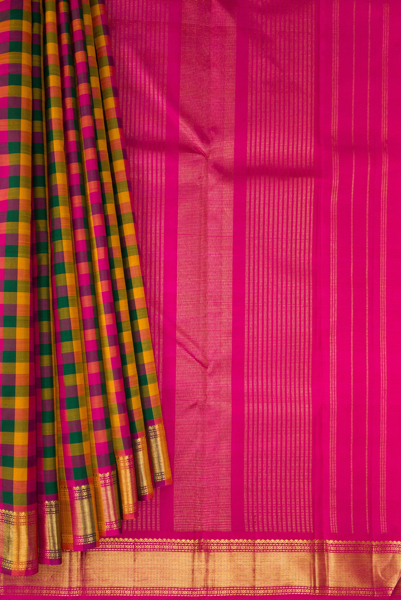 Pleats and pallu of Multi Color Kanchipuram Silk Saree with Checked design on the body and Zari Border. 