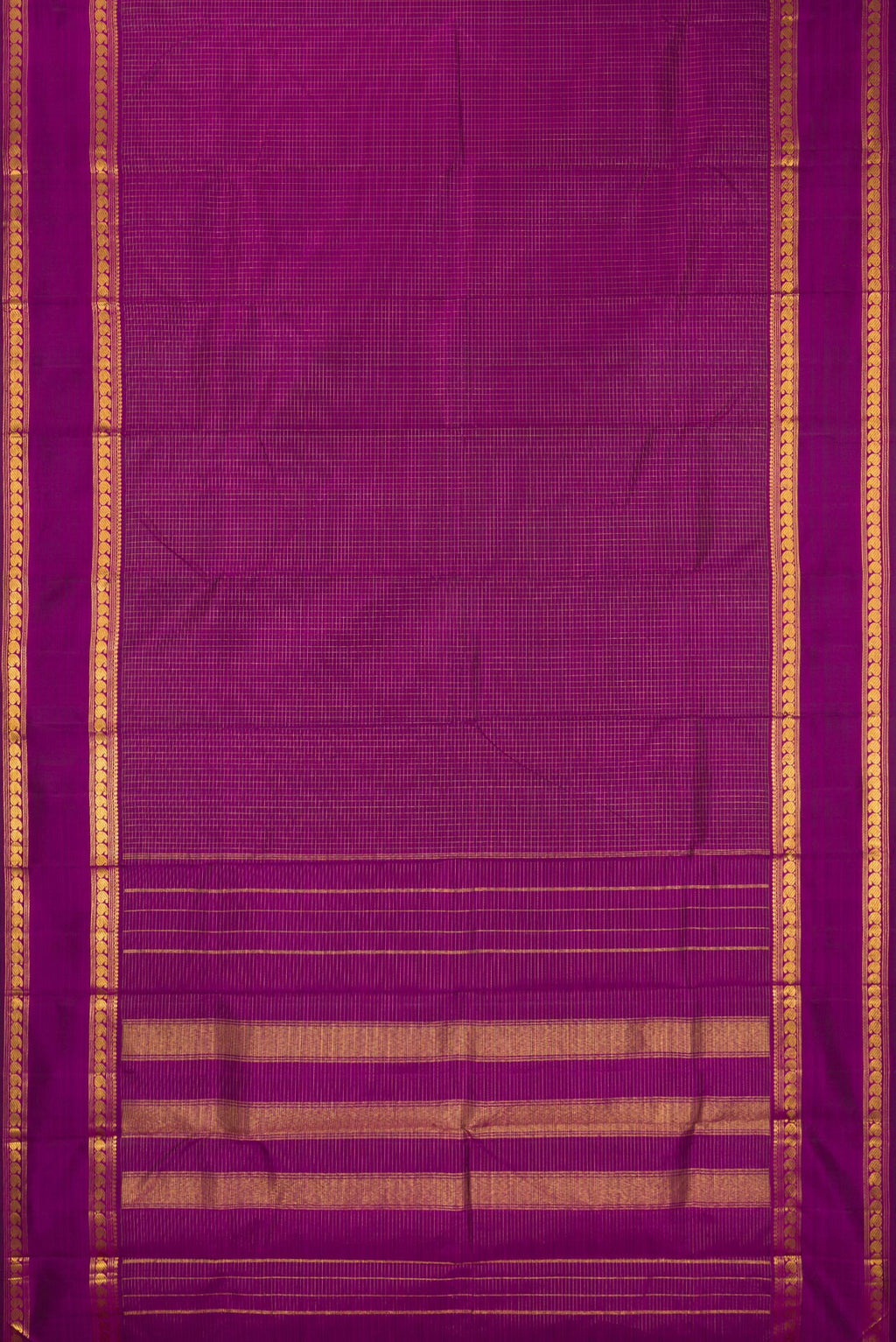 Flat view of Pure Silk Purple Kanchipuram Saree with Checked design on the body and Zari Border. 