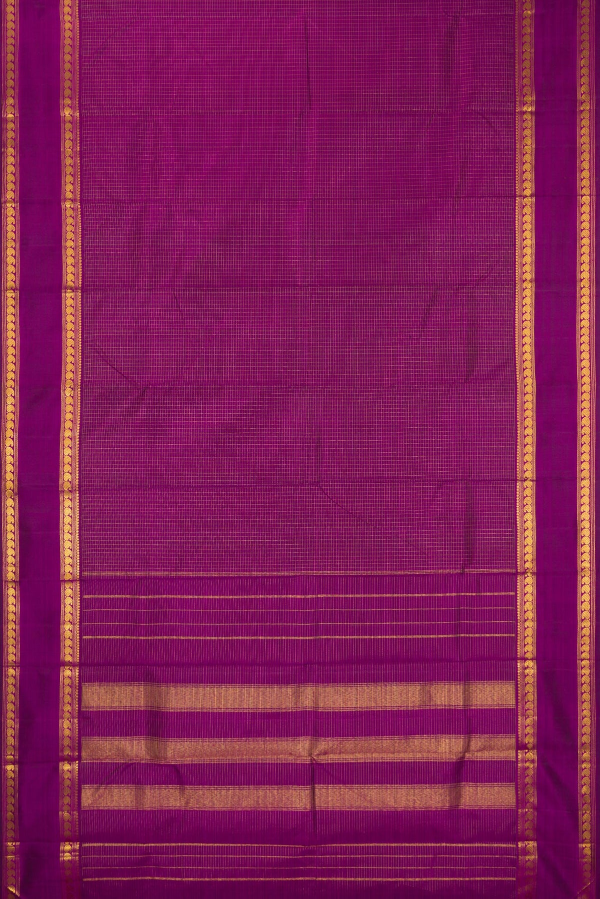 Flat view of Pure Silk Purple Kanchipuram Saree with Checked design on the body and Zari Border. 