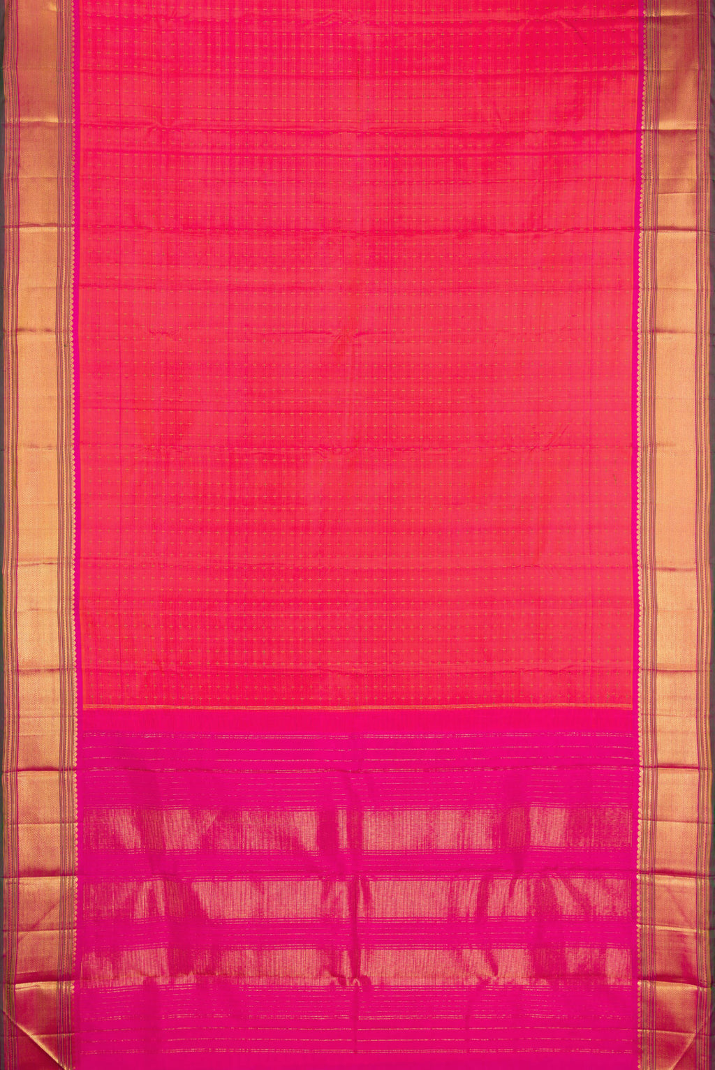 Flat view of Pure Silk PInk with Orange Color Kanjivaram Saree with Checked design on the body and Zari Border. 