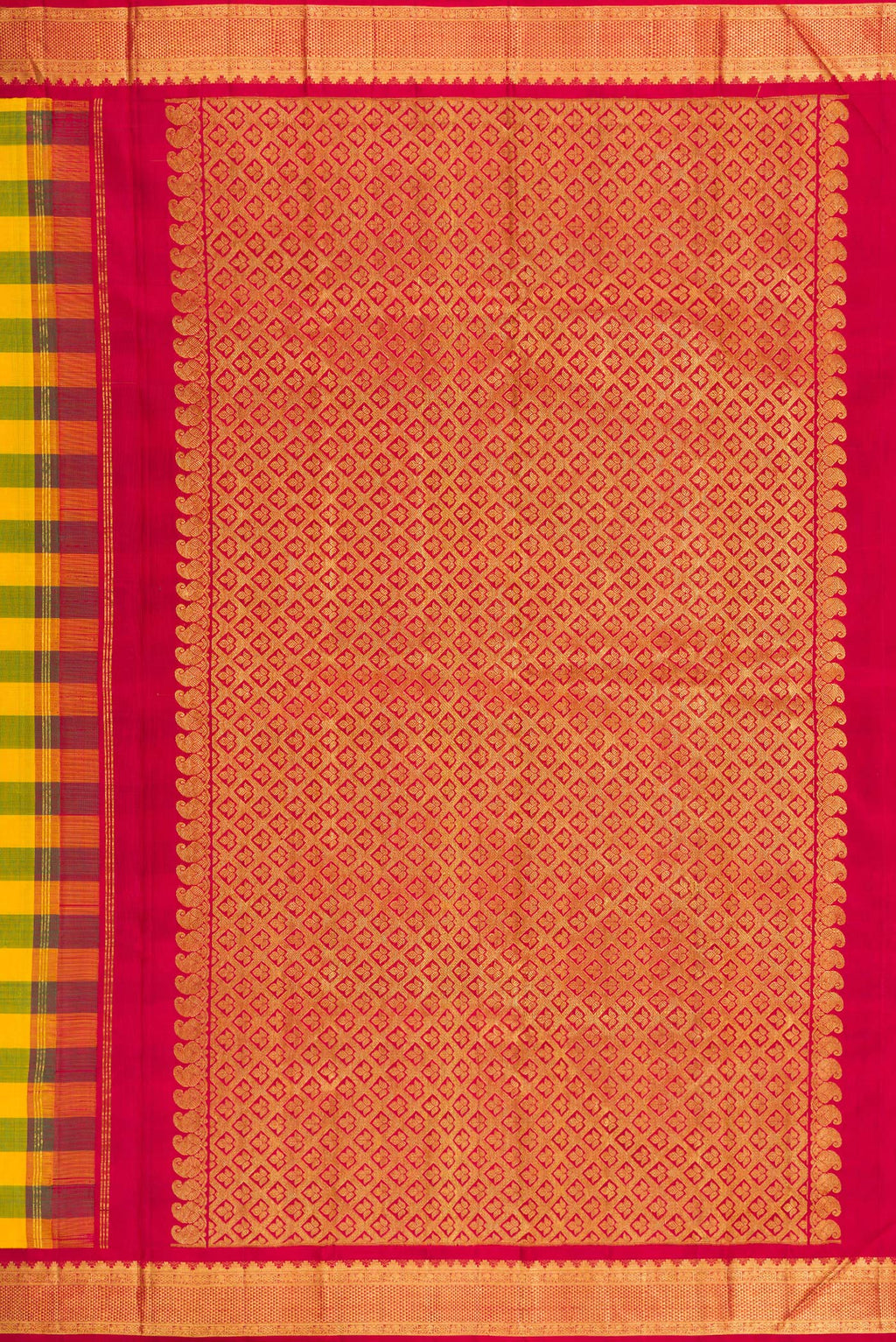 Close up image of the pallu of Multi Color Kanjivaram Silk Saree with Checked design on the body and Zari Border. 