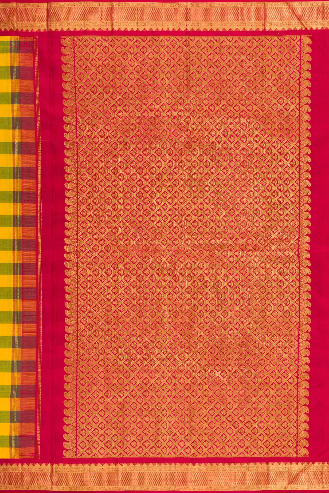Close up image of the pallu of Multi Color Kanjivaram Silk Saree with Checked design on the body and Zari Border. 