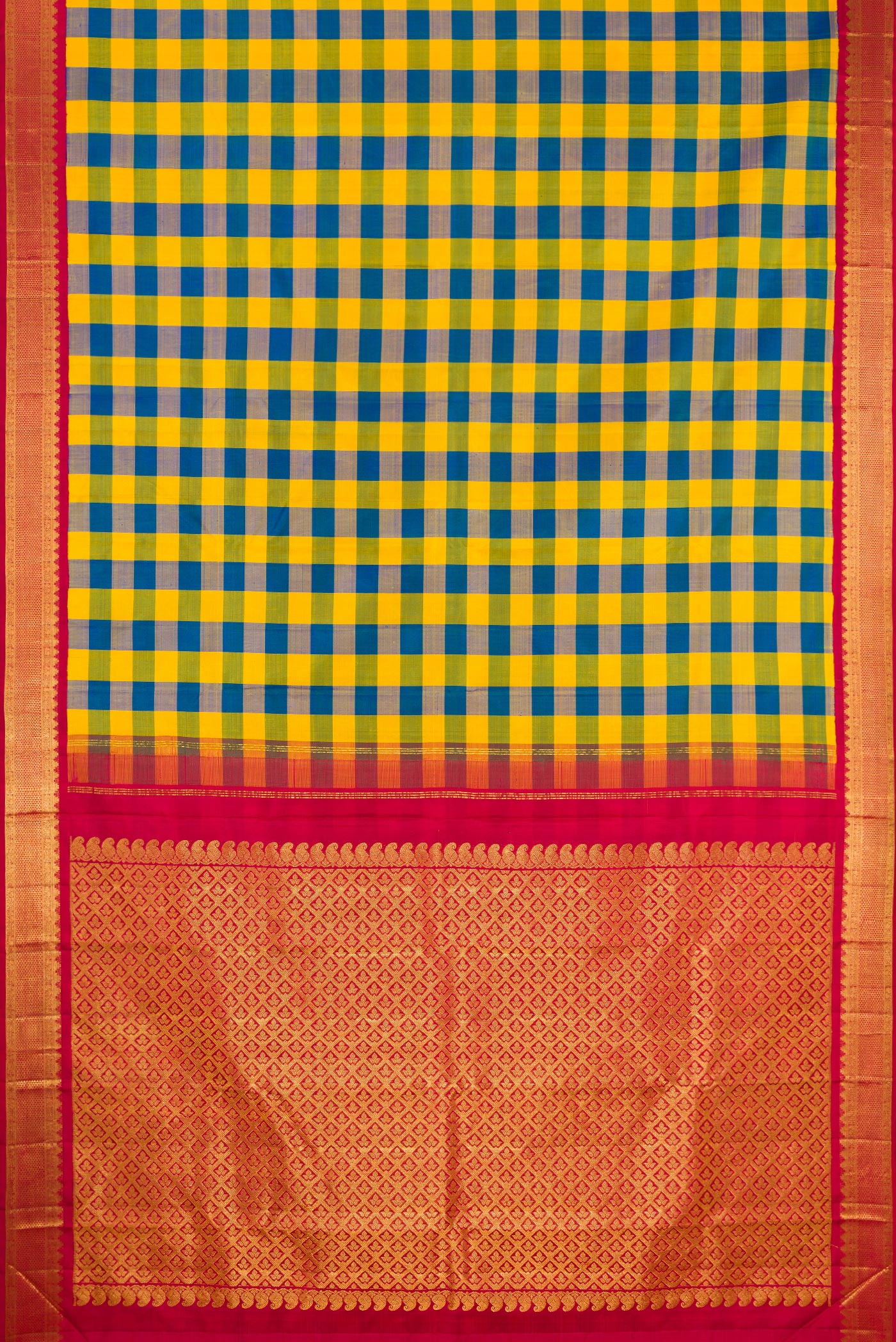 Flat view of Multi Color Kanjivaram Silk Saree with Checked design on the body and Zari Border. 