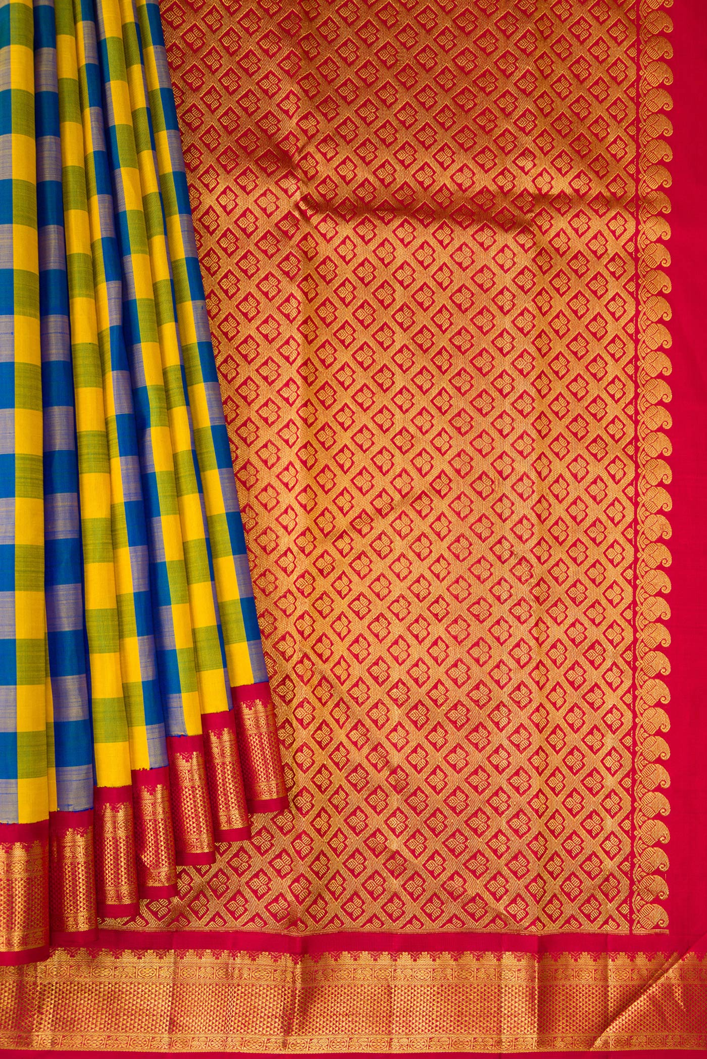 Pleats and pallu of Multi Color Kanjivaram Silk Saree with Checked design on the body and Zari Border. 