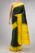 Multi Color Kanjivaram Silk Saree with Stripes on the body and Thread Border.  displayed on a mannequin
