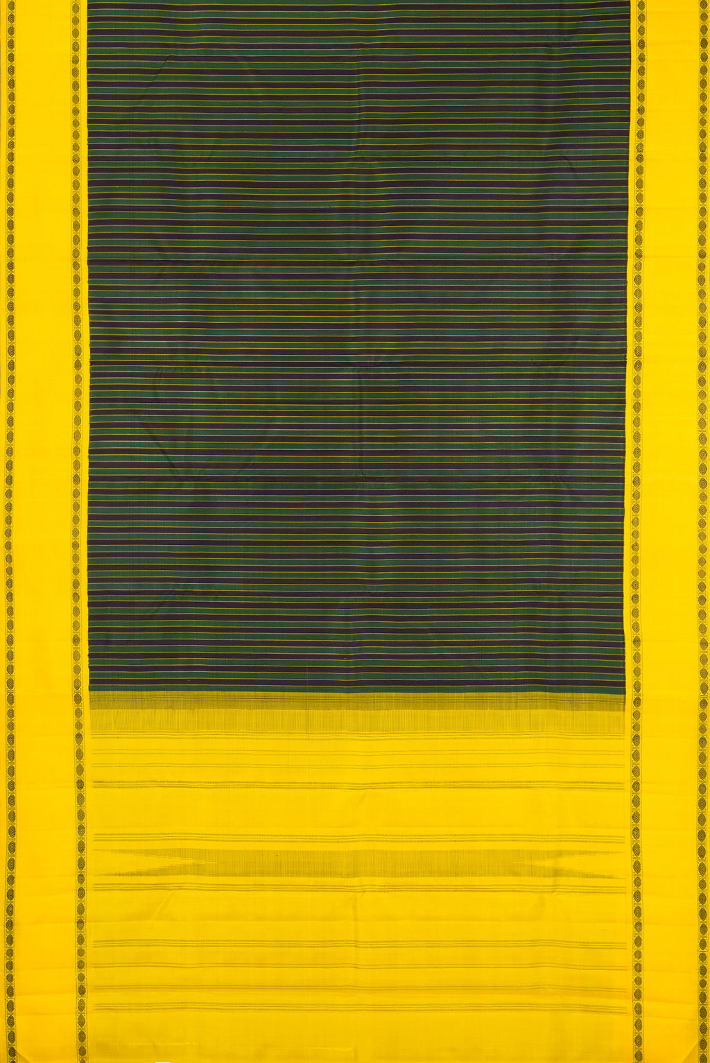 Flat view of Multi Color Kanjivaram Silk Saree with Stripes on the body and Thread Border. 