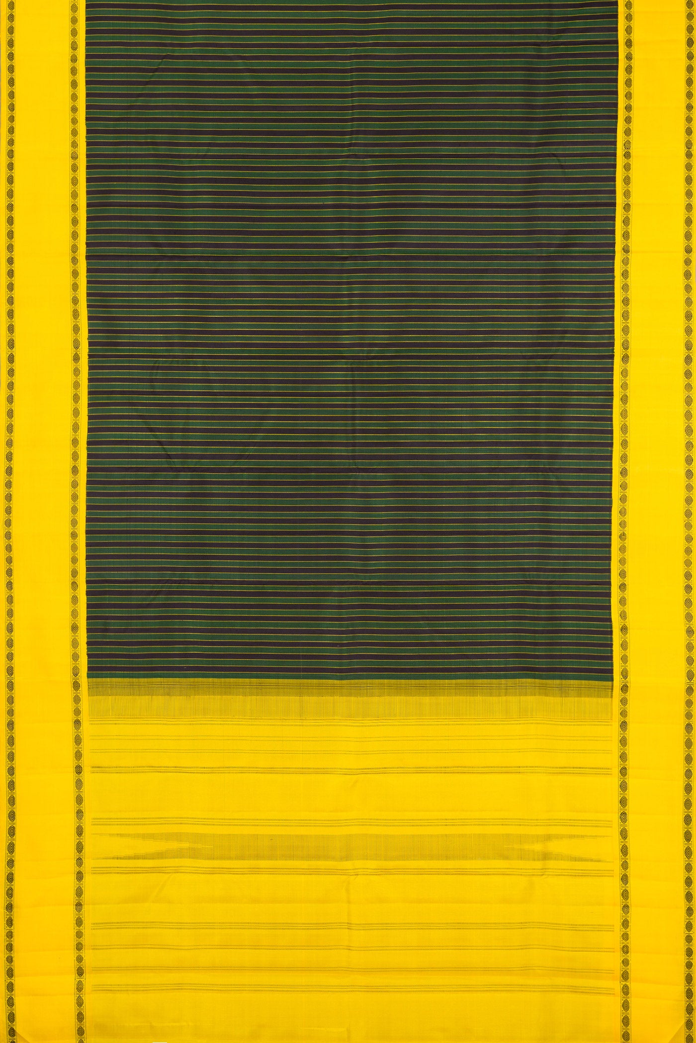 Flat view of Multi Color Kanjivaram Silk Saree with Stripes on the body and Thread Border. 