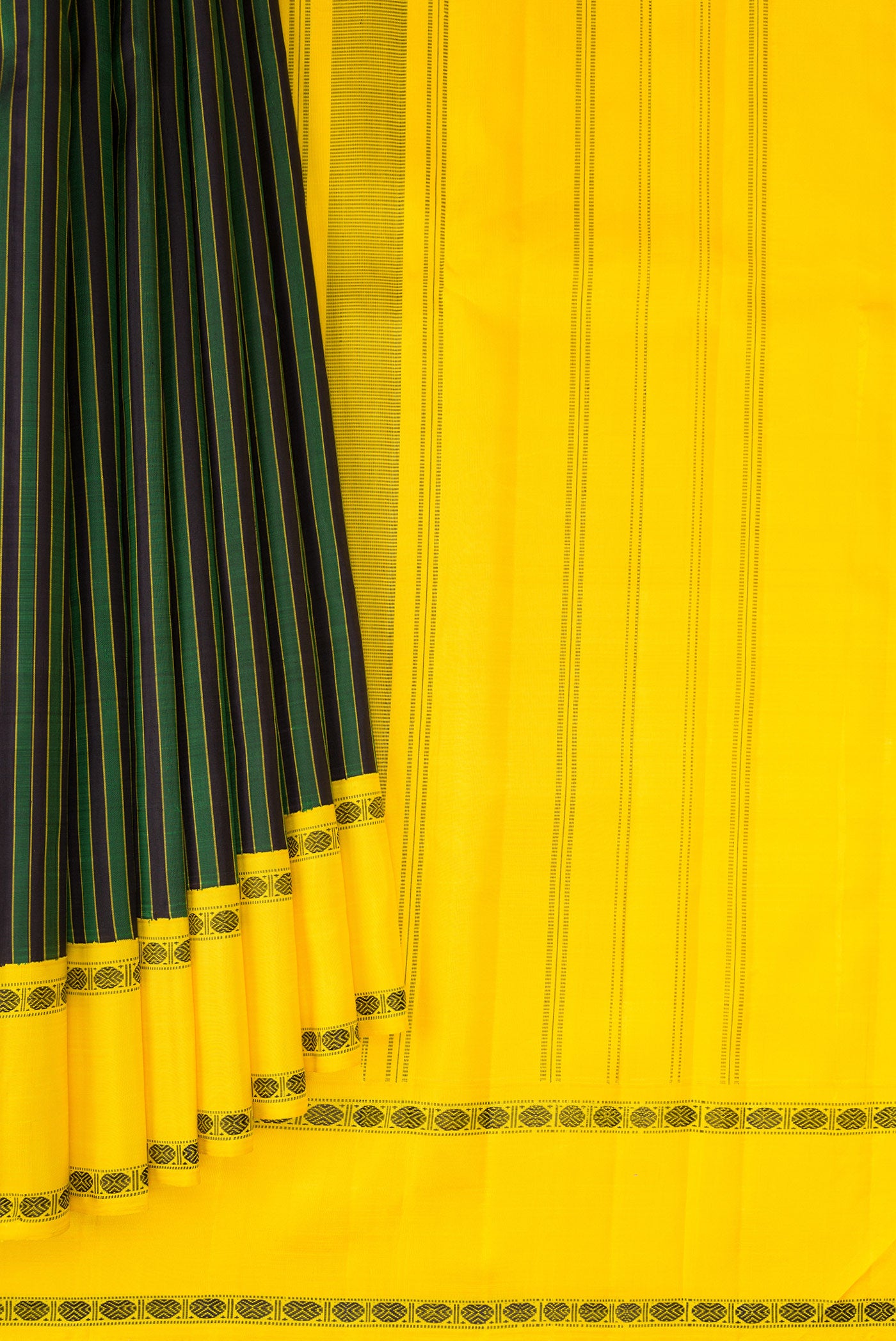 Pleats and pallu of Multi Color Kanjivaram Silk Saree with Stripes on the body and Thread Border. 