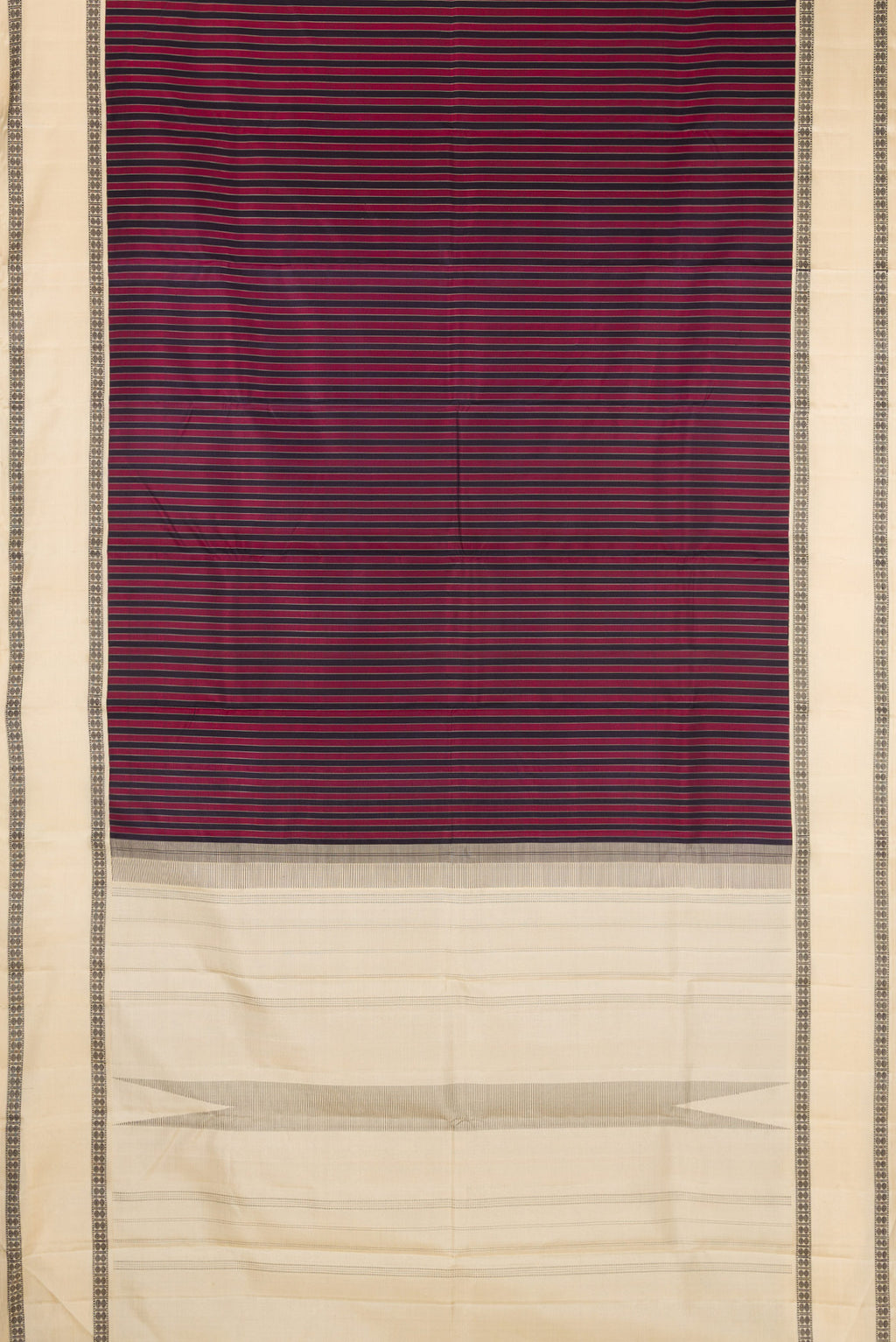 Flat view of Multi Color Kanjivaram Silk Saree with Stripes on the body and Thread Border. 