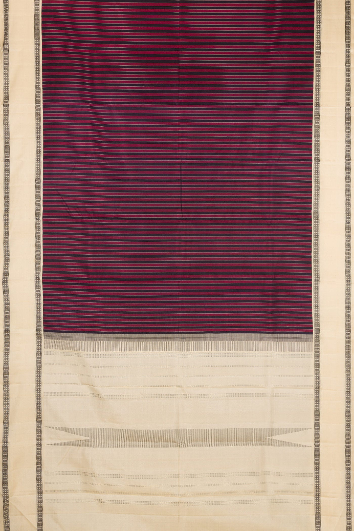 Flat view of Multi Color Kanjivaram Silk Saree with Stripes on the body and Thread Border. 