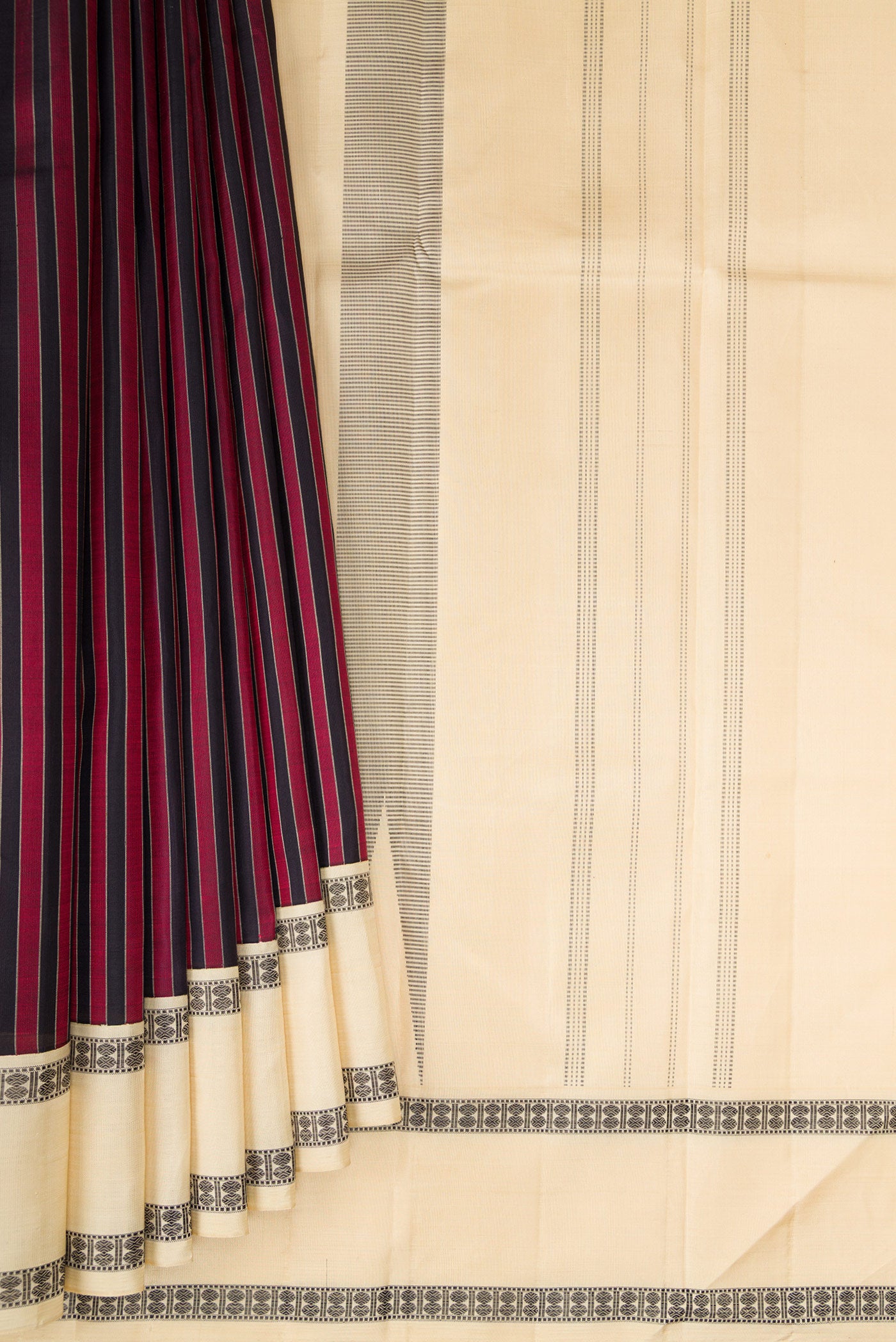 Pleats and pallu of Multi Color Kanjivaram Silk Saree with Stripes on the body and Thread Border. 