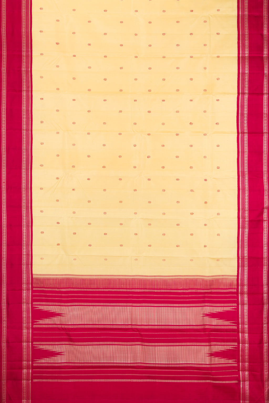 Flat view of Sandal Kanjivaram Silk Saree with Thread Butta on the body and Thread Border. 