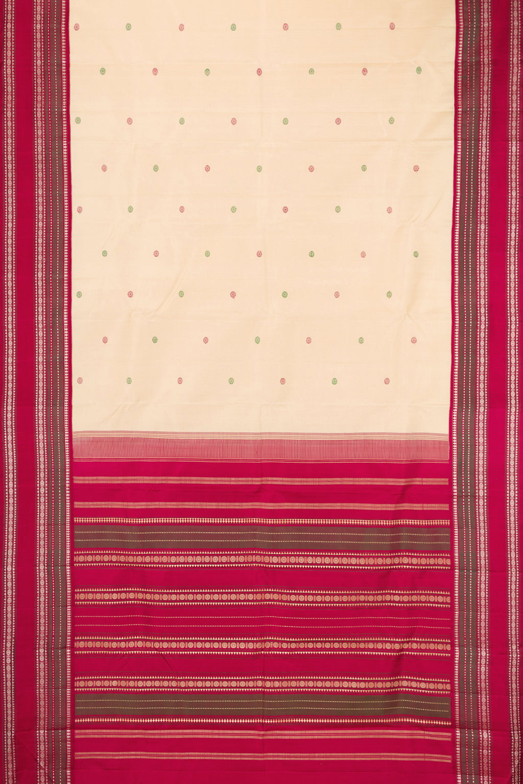 Flat view of Sandal Kanjivaram Silk Saree with Thread Butta on the body and Thread Border. 