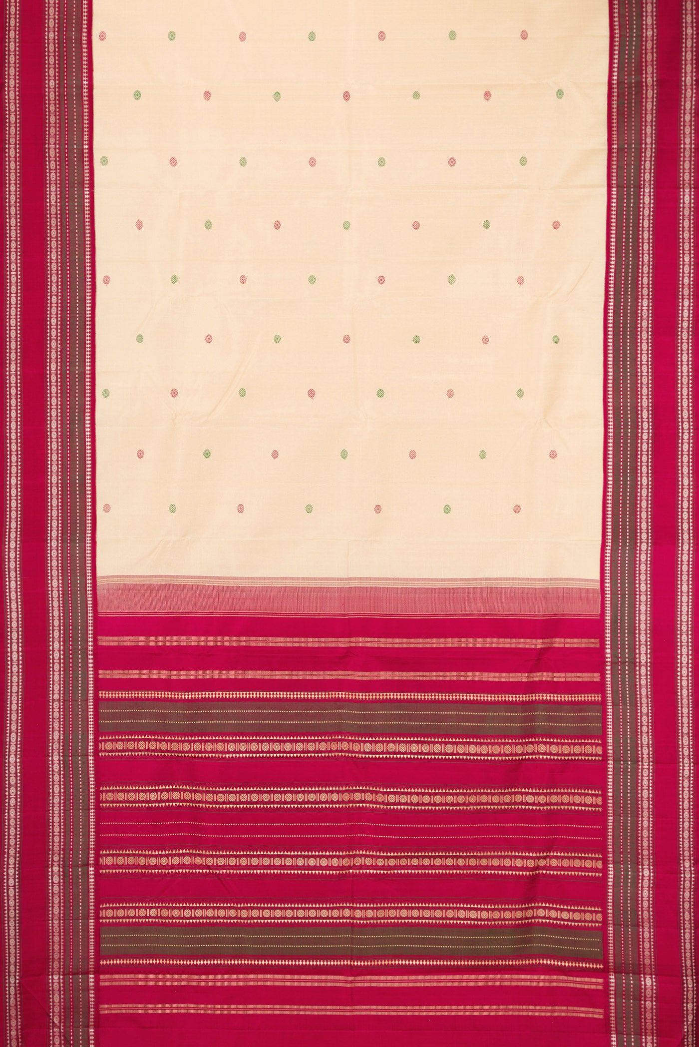 Flat view of Sandal Kanjivaram Silk Saree with Thread Butta on the body and Thread Border. 