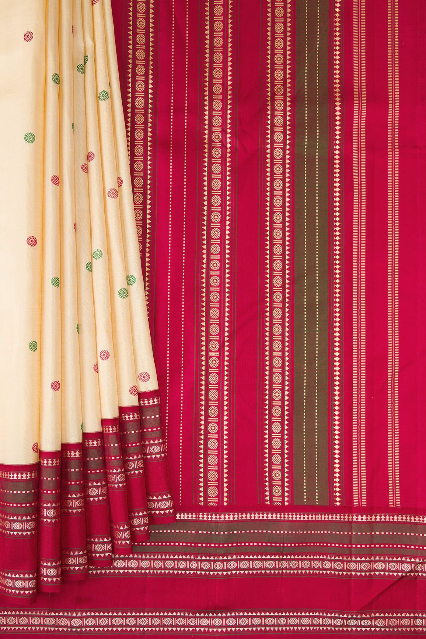 Pleats and pallu of Sandal Kanjivaram Silk Saree with Thread Butta on the body and Thread Border. 