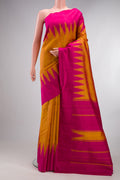 Pure Silk Mustard Dual Tone Kanchipuram Saree with Plain Body and Temple Border.  displayed on a mannequin