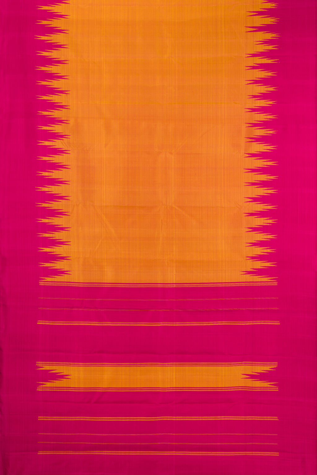 Flat view of Pure Silk Mustard Dual Tone Kanchipuram Saree with Plain Body and Temple Border. 