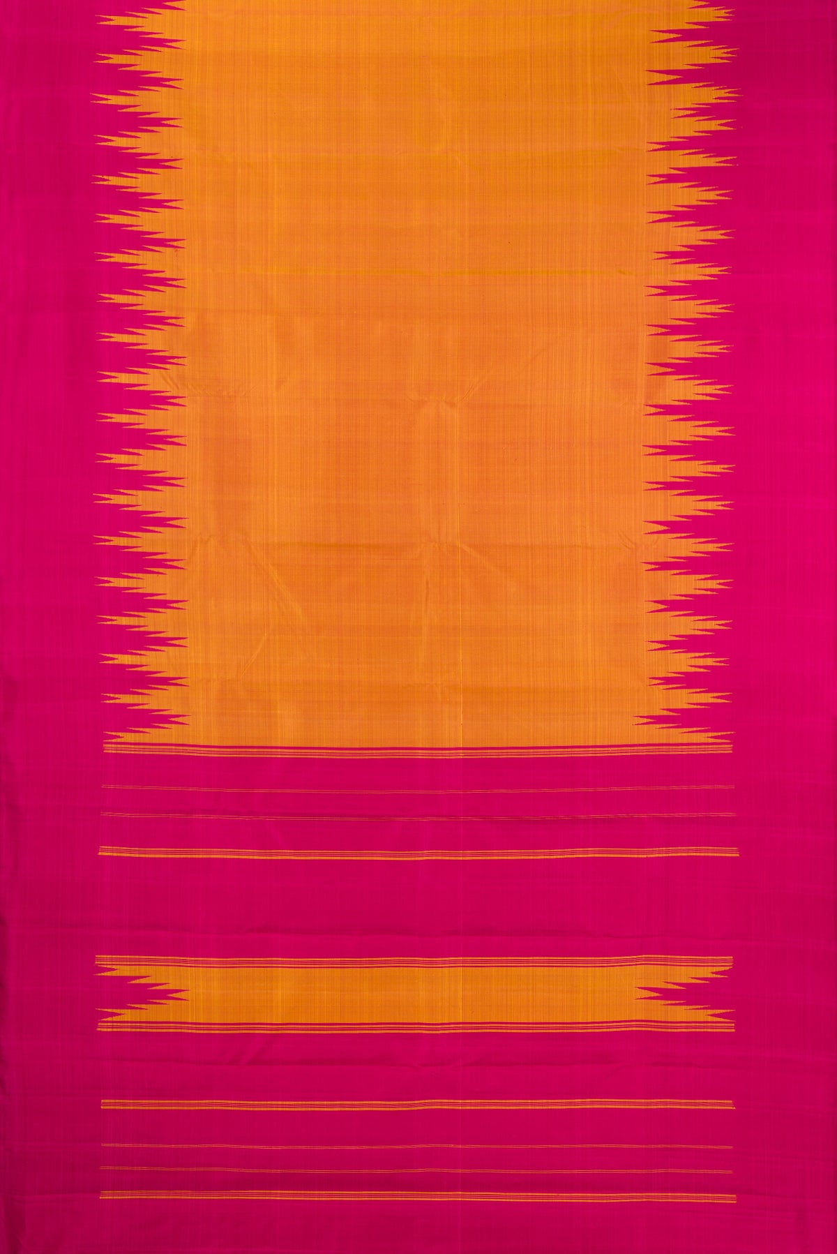 Flat view of Pure Silk Mustard Dual Tone Kanchipuram Saree with Plain Body and Temple Border. 